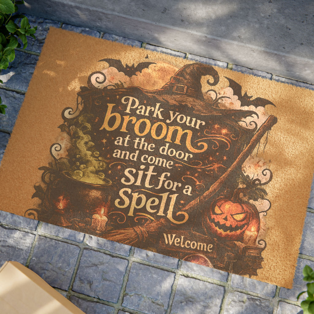 Halloween Witch Doormat — "Park Your Broom… Sit for a Spell" Welcome Mat