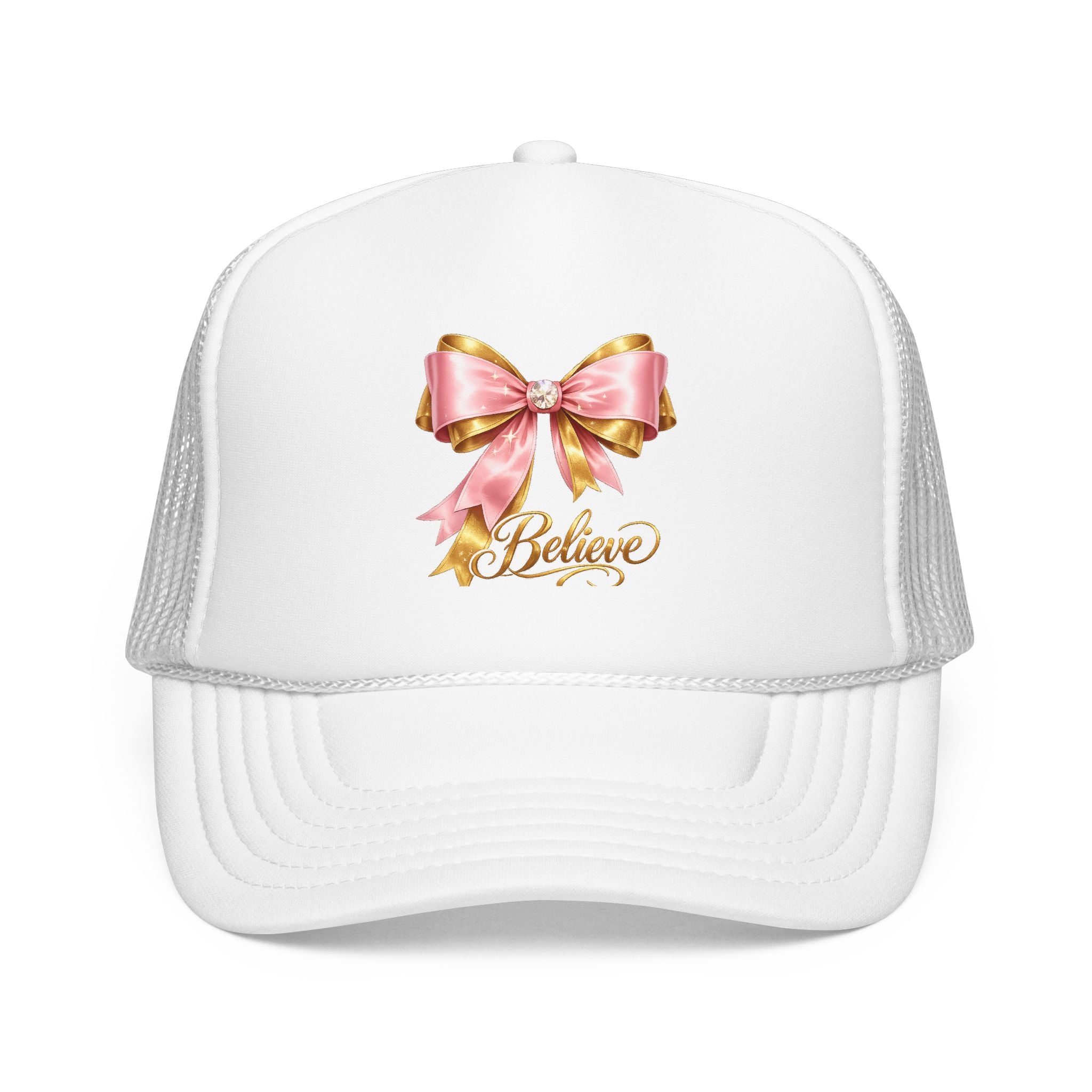 Believe Bow Trucker Hat – Pink Ribbon & Gold Script Foam Cap