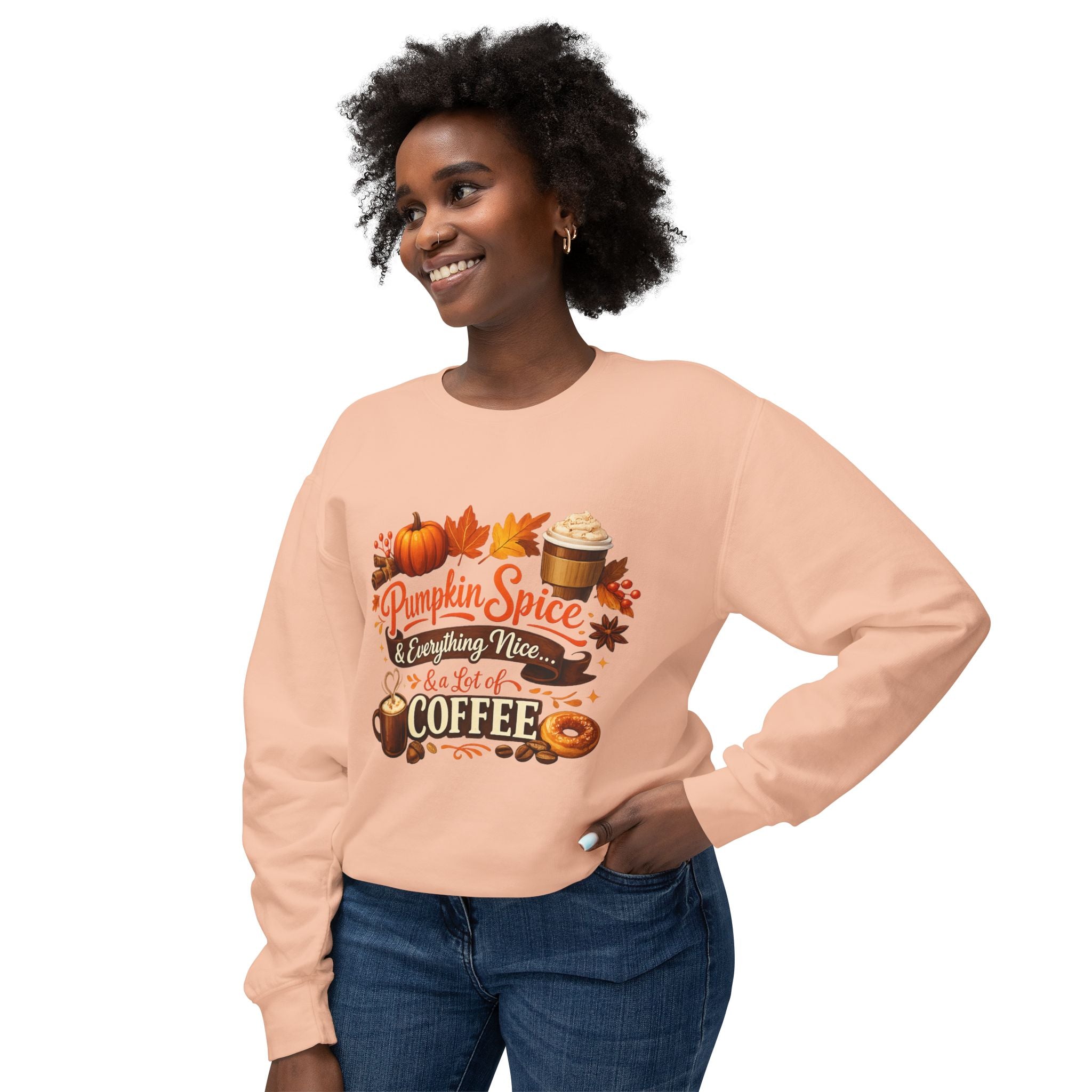 Pumpkin Spice & Coffee Crewneck Sweatshirt — Fall Cozy Coffee Lover Pullover