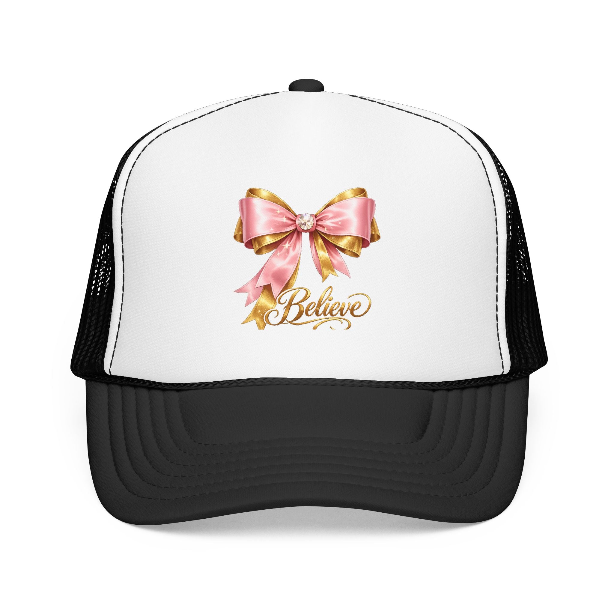 Believe Bow Trucker Hat – Pink Ribbon & Gold Script Foam Cap