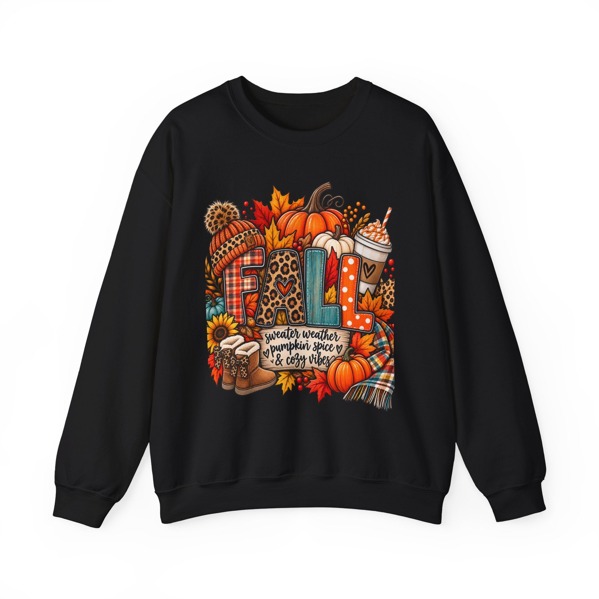 Fall Cozy Crewneck Sweatshirt — Pumpkin, Plaid & Coffee Autumn Graphic