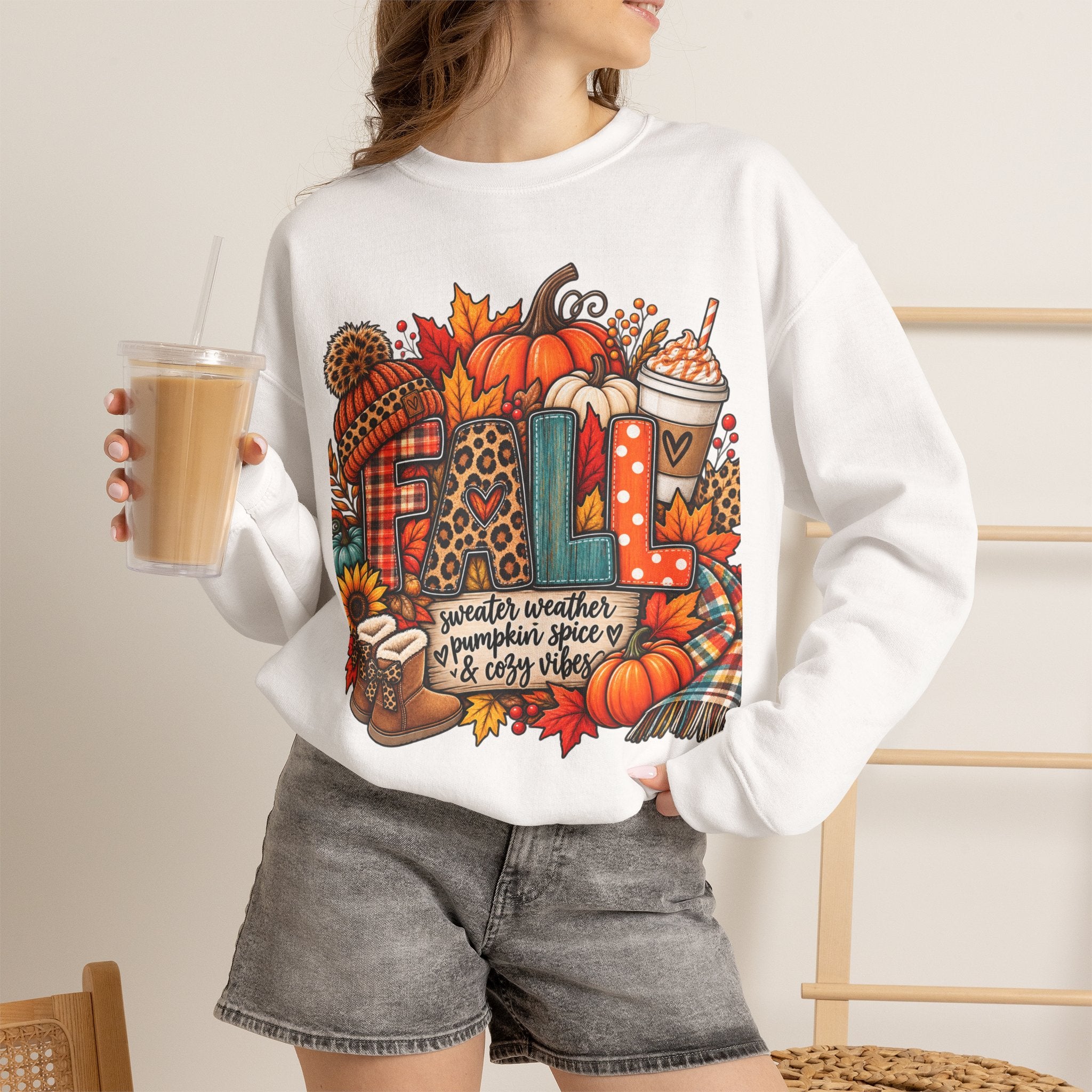 Fall Cozy Crewneck Sweatshirt — Pumpkin, Plaid & Coffee Autumn Graphic