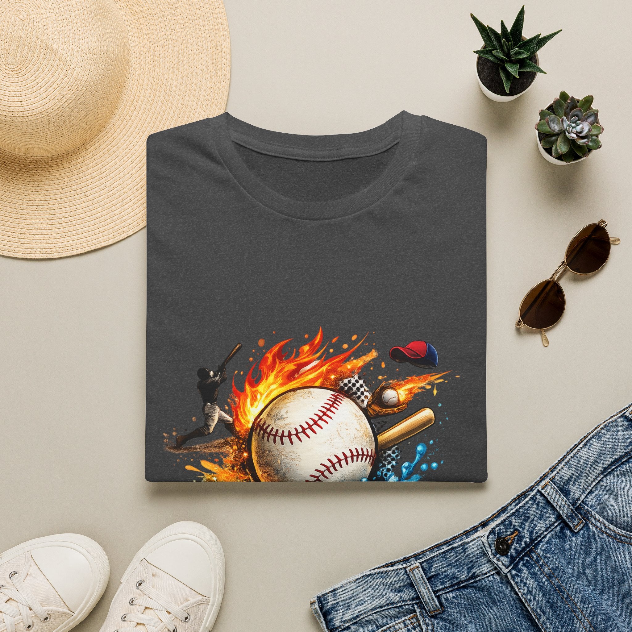 Baseball Inferno T-Shirt — Flaming Ball & Players Graphic Baseball Tee