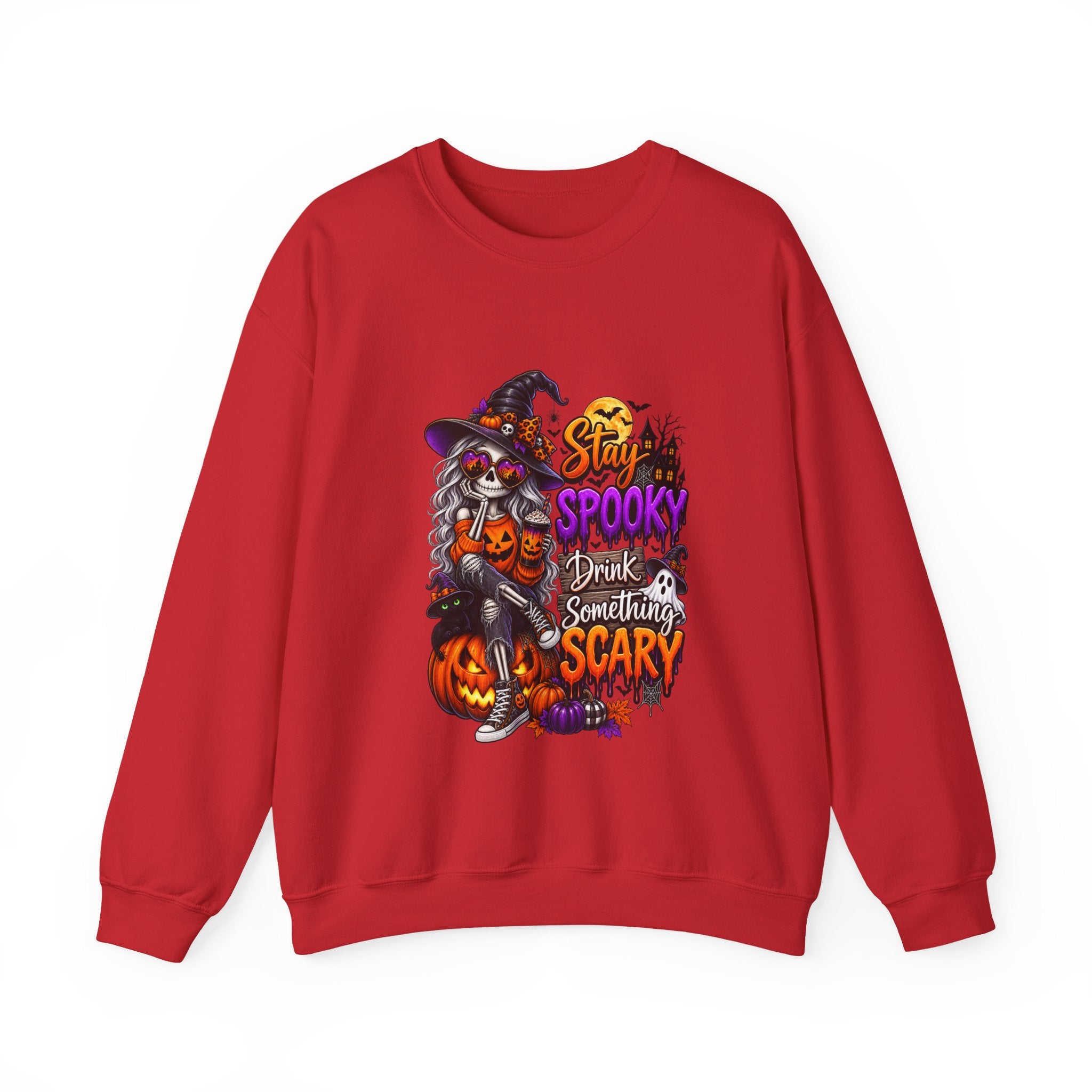 Halloween Crewneck Sweatshirt — "Stay Spooky, Drink Something Scary" Witch & Jack-O'-Lantern Design