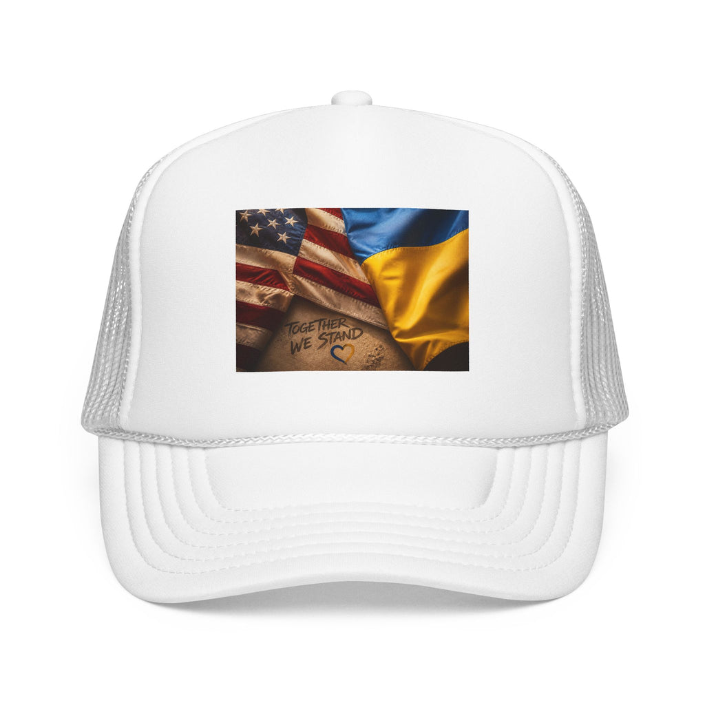 Trucker Hat — American & Ukrainian Flags "Together We Stand" Patriotic Foam Cap