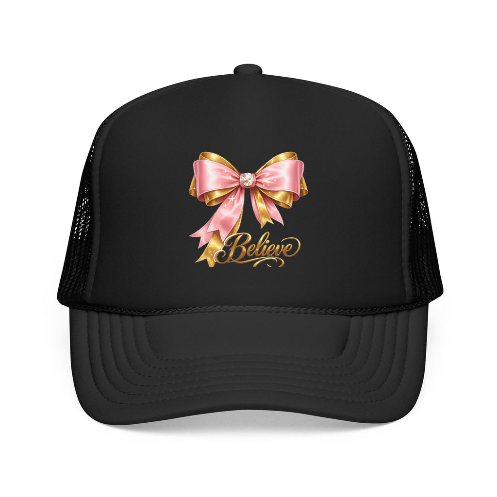 Believe Bow Trucker Hat – Pink Ribbon & Gold Script Foam Cap