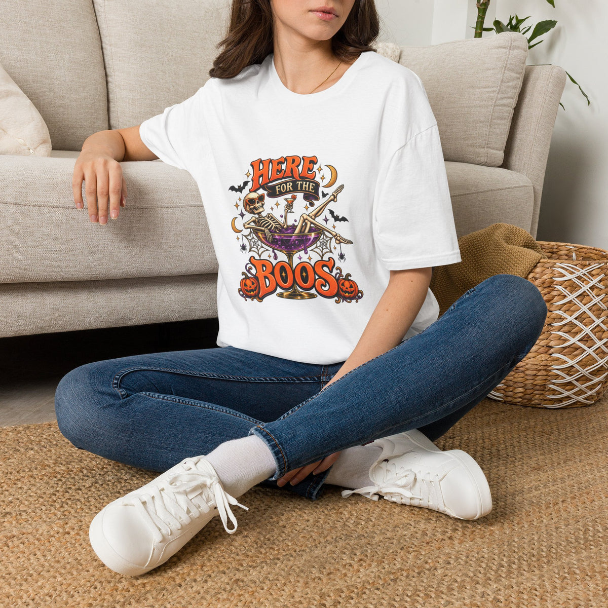 Here for the Boos Halloween T-Shirt — Skeleton Cauldron & Pumpkin Graphic Tee