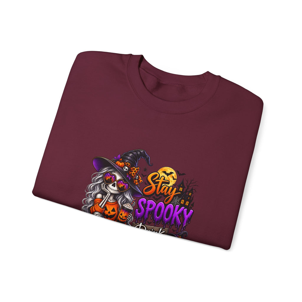Halloween Crewneck Sweatshirt — "Stay Spooky, Drink Something Scary" Witch & Jack-O'-Lantern Design