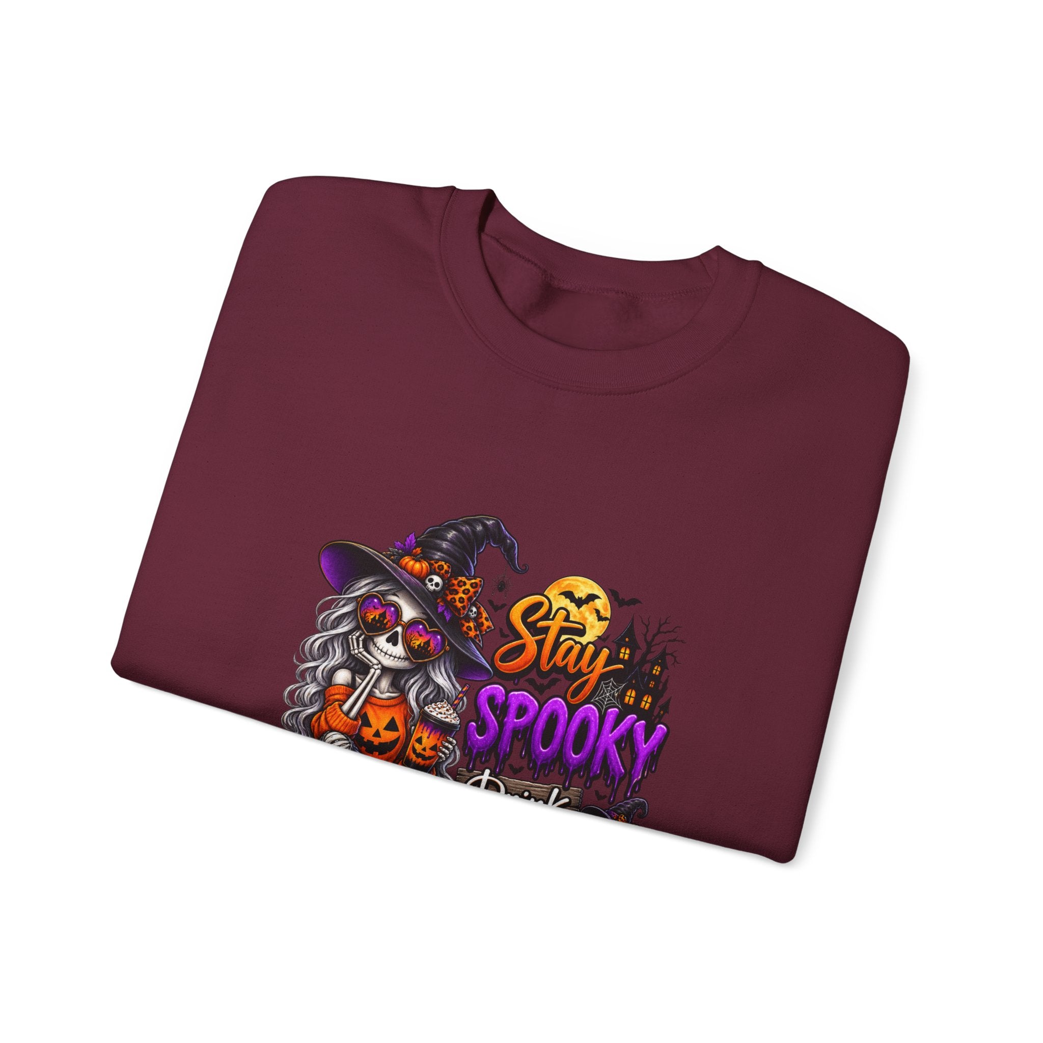 Halloween Crewneck Sweatshirt — "Stay Spooky, Drink Something Scary" Witch & Jack-O'-Lantern Design