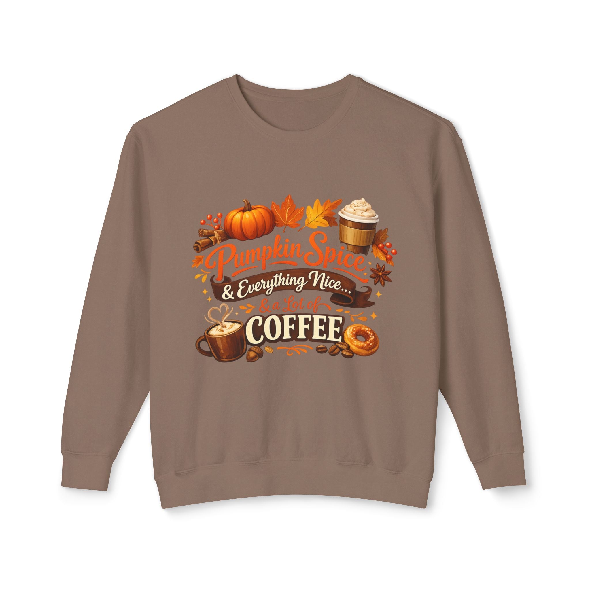 Pumpkin Spice & Coffee Crewneck Sweatshirt — Fall Cozy Coffee Lover Pullover