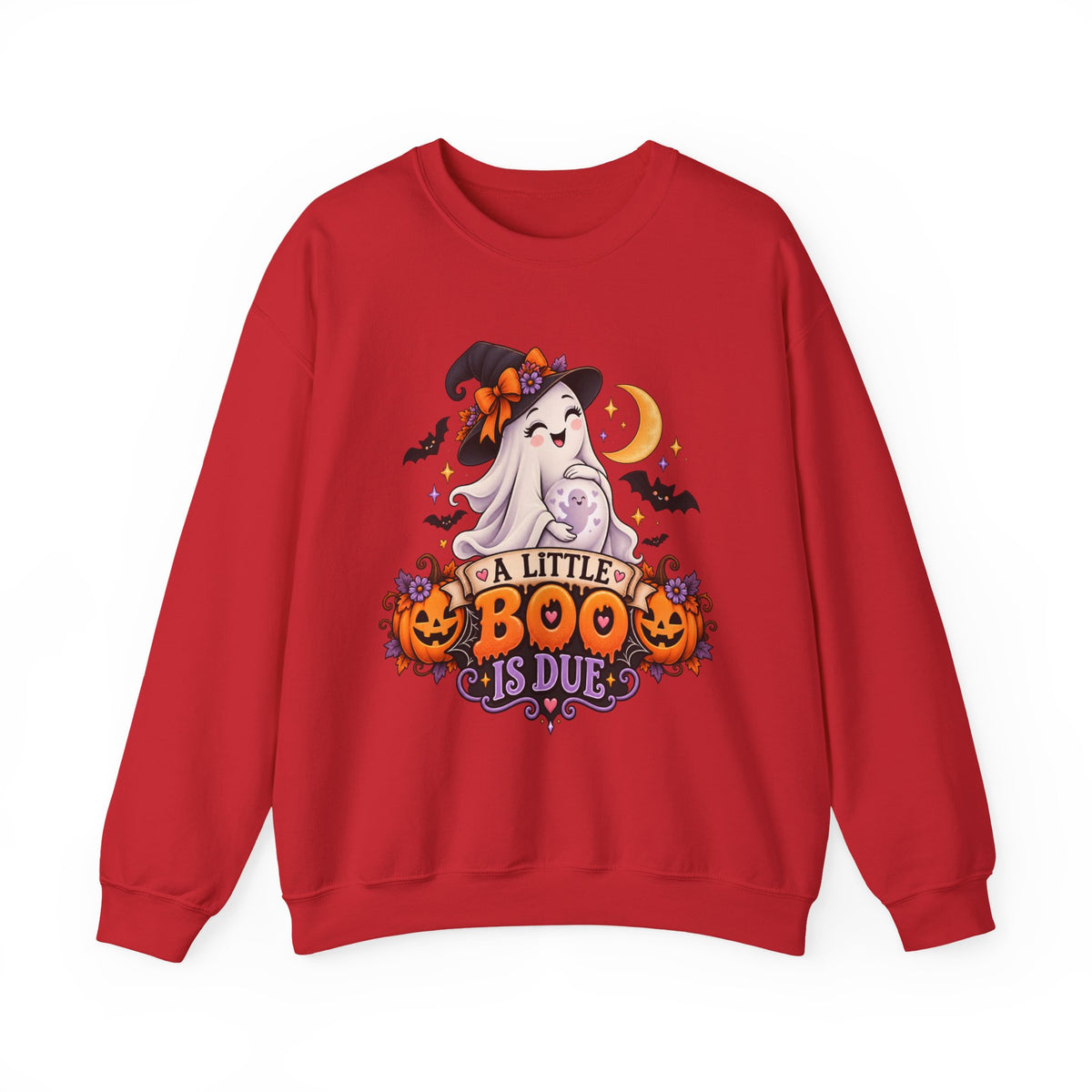 Halloween Maternity Sweatshirt — "A Little Boo Is Due" Ghost Mom Crewneck