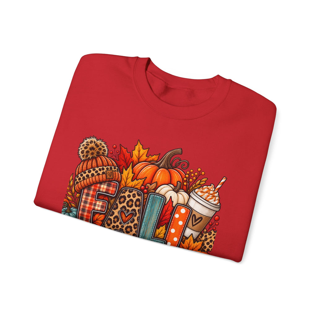 Fall Cozy Crewneck Sweatshirt — Pumpkin, Plaid & Coffee Autumn Graphic