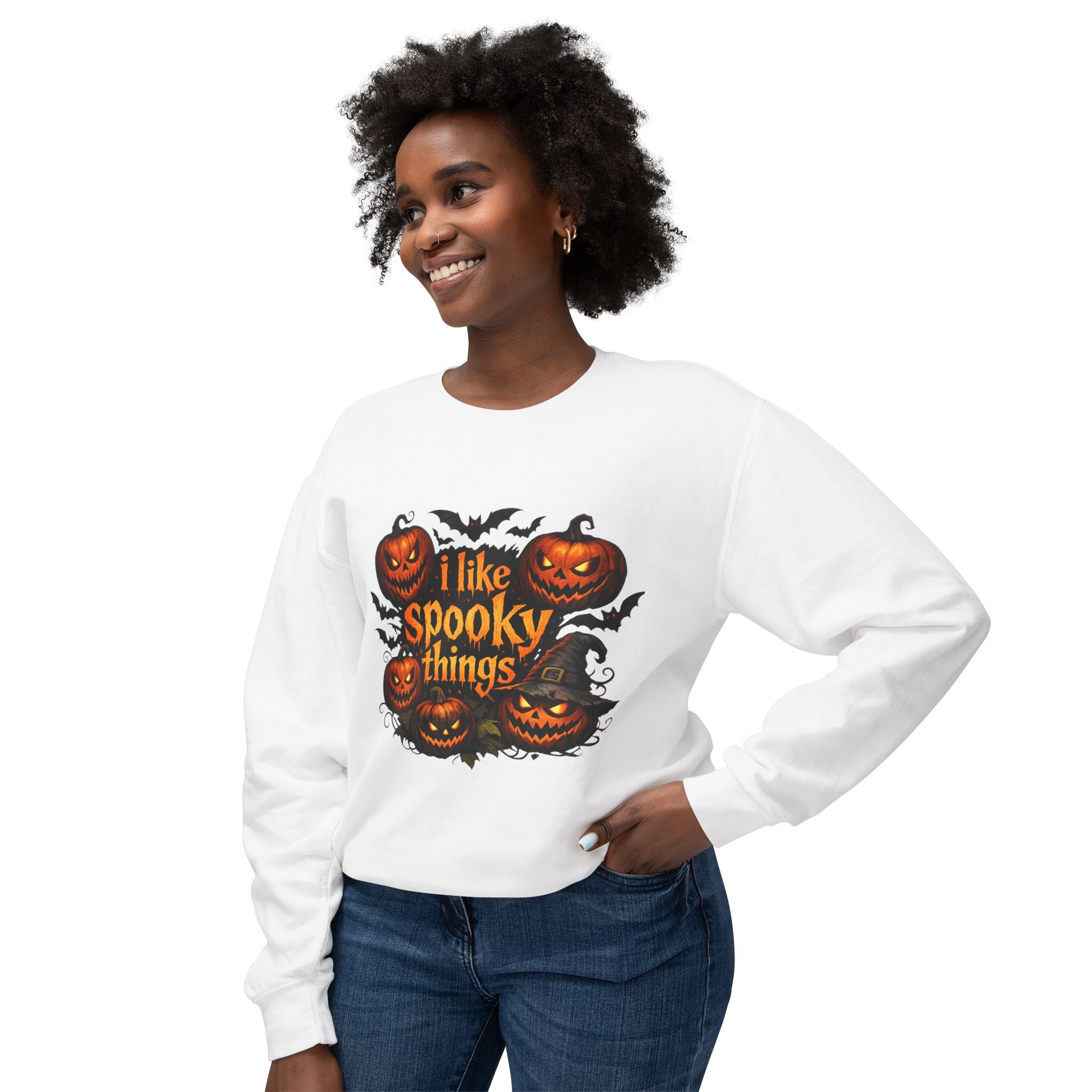 Halloween Sweatshirt — "I Like Spooky Things" Pumpkin & Bats Crewneck