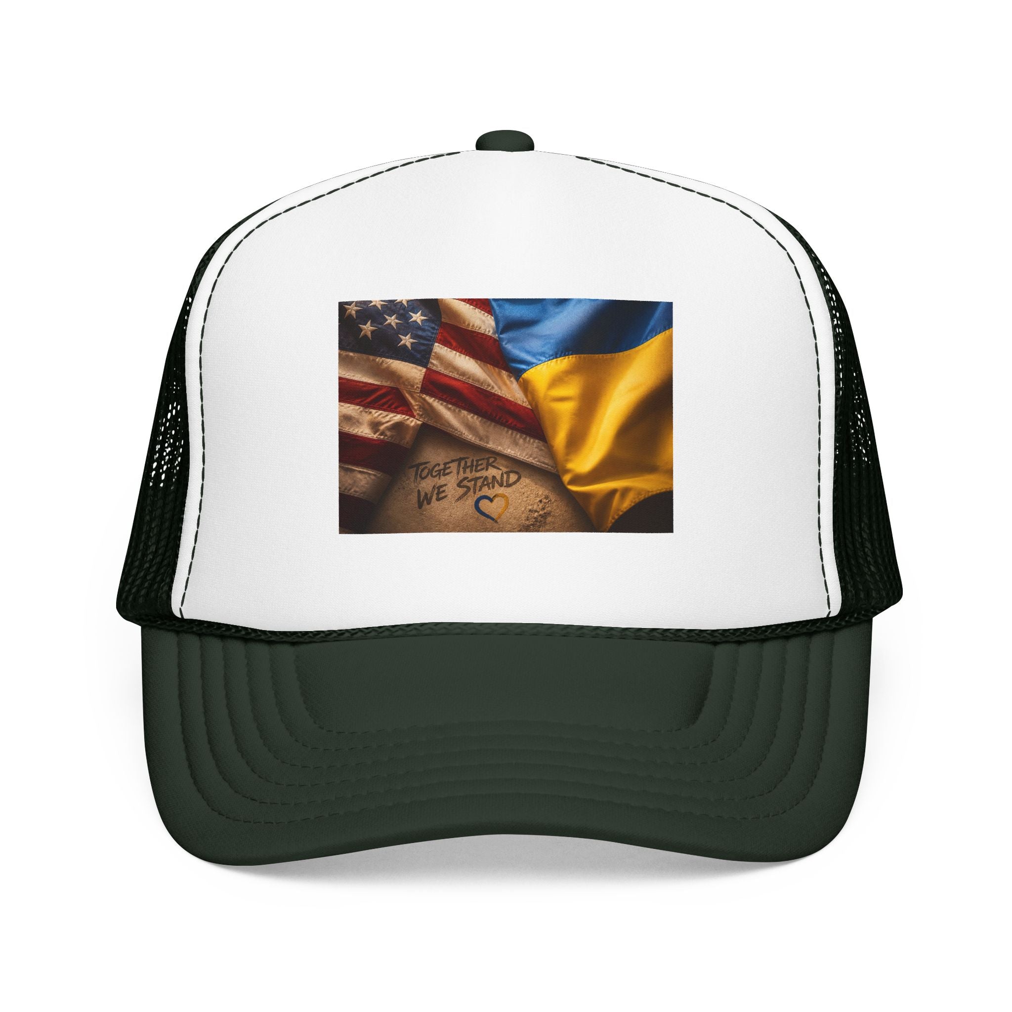 Trucker Hat — American & Ukrainian Flags "Together We Stand" Patriotic Foam Cap