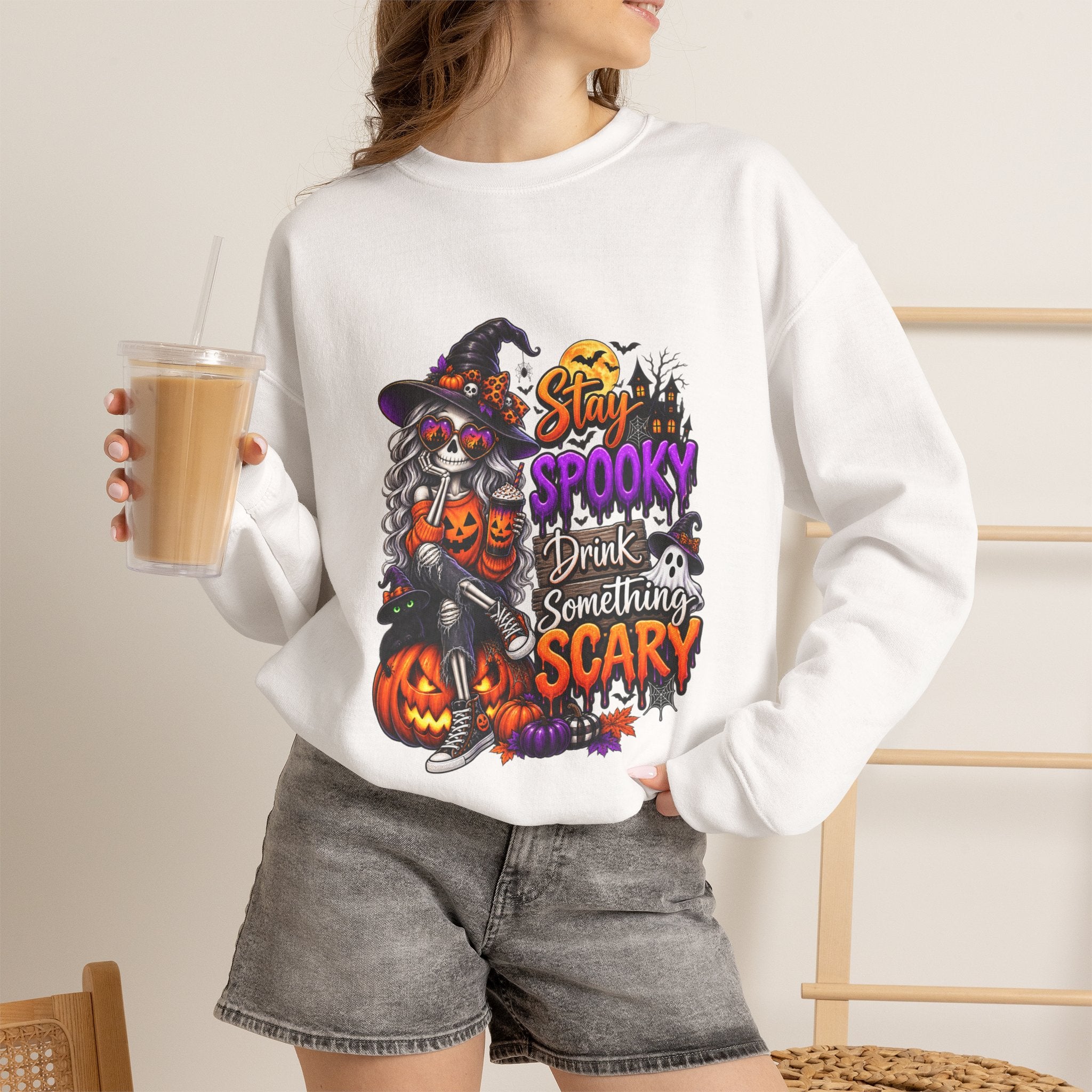 Halloween Crewneck Sweatshirt — "Stay Spooky, Drink Something Scary" Witch & Jack-O'-Lantern Design