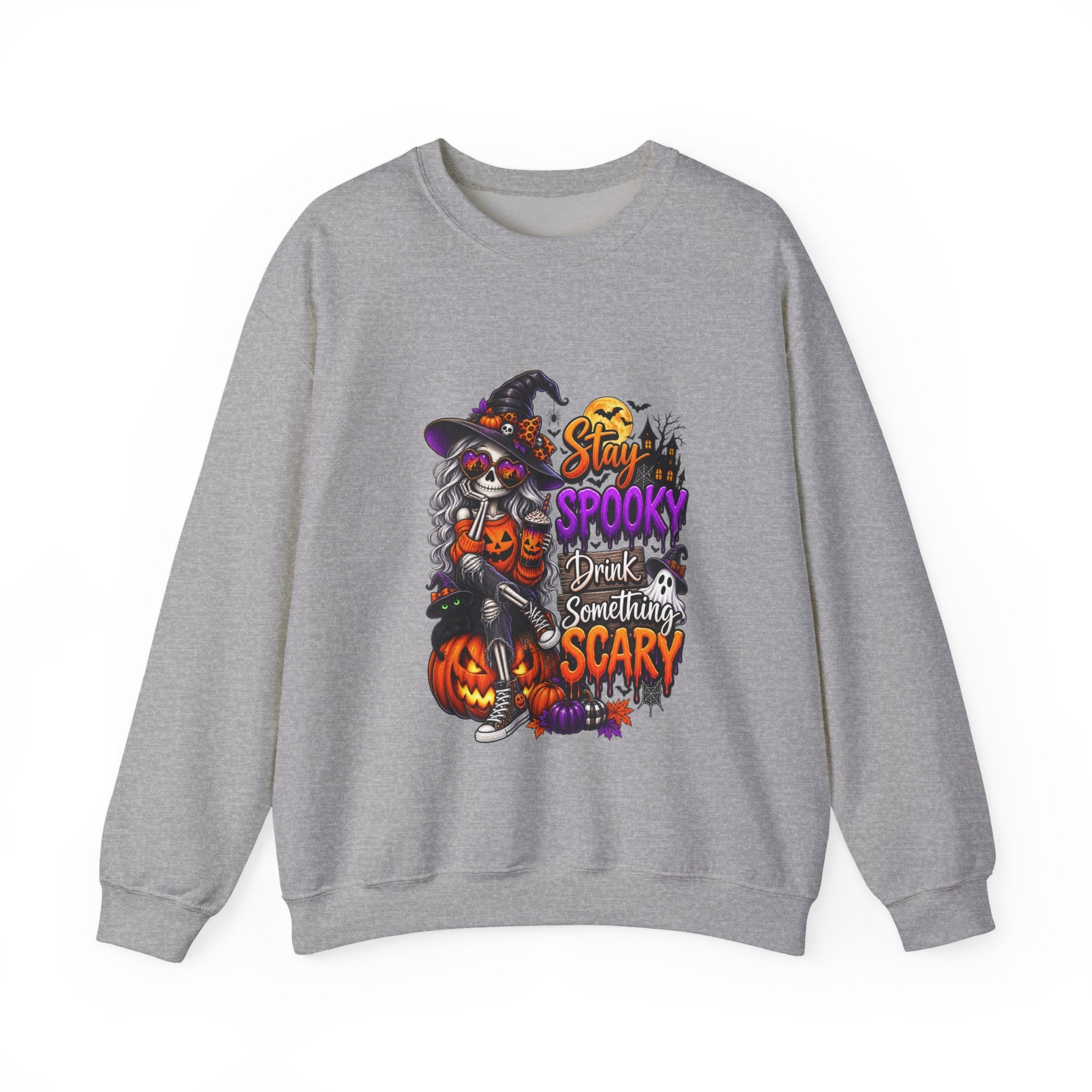 Halloween Crewneck Sweatshirt — "Stay Spooky, Drink Something Scary" Witch & Jack-O'-Lantern Design