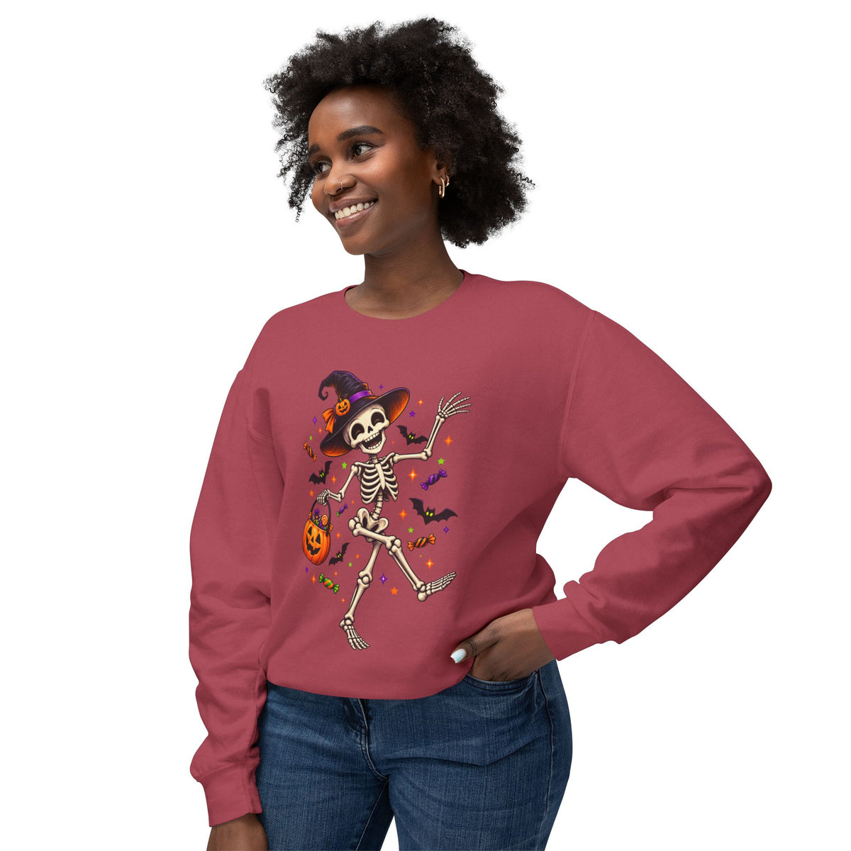 Halloween Dancing Skeleton Sweatshirt — Witch Hat Trick-or-Treat Pumpkin Design