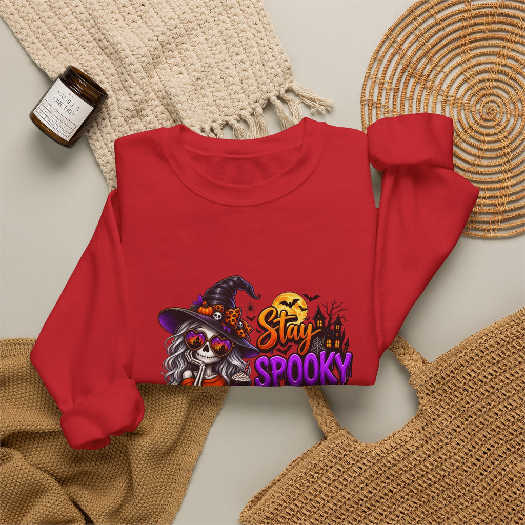 Halloween Crewneck Sweatshirt — "Stay Spooky, Drink Something Scary" Witch & Jack-O'-Lantern Design