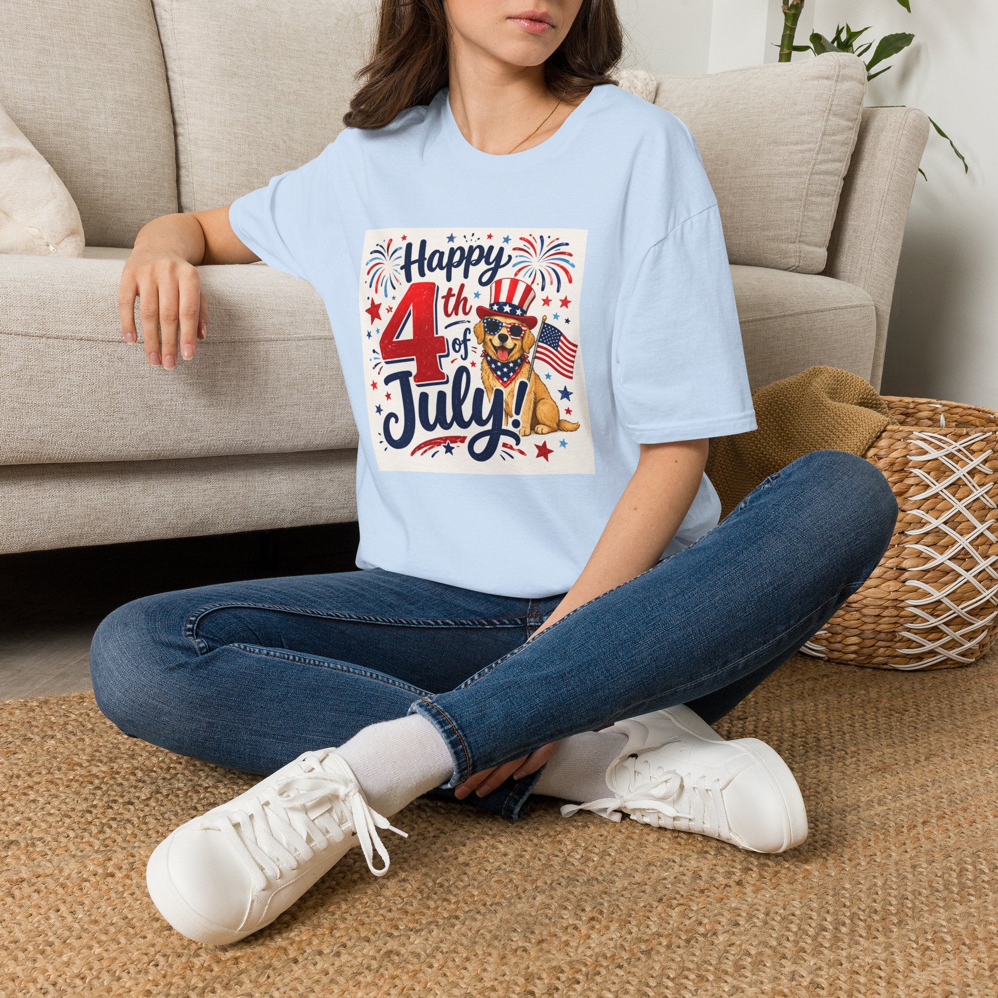4th of July Dog T-Shirt — "Happy 4th of July" Patriotic Fireworks Tee