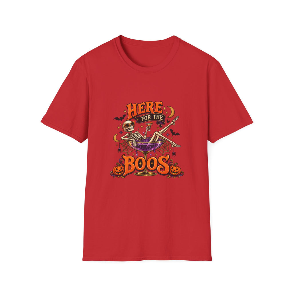 Here for the Boos Halloween T-Shirt — Skeleton Cauldron & Pumpkin Graphic Tee