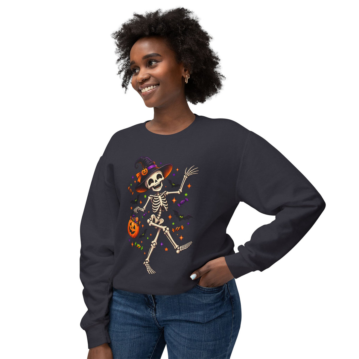 Halloween Dancing Skeleton Sweatshirt — Witch Hat Trick-or-Treat Pumpkin Design