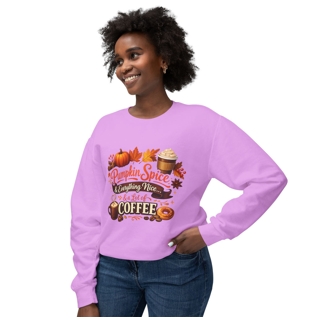 Pumpkin Spice & Coffee Crewneck Sweatshirt — Fall Cozy Coffee Lover Pullover