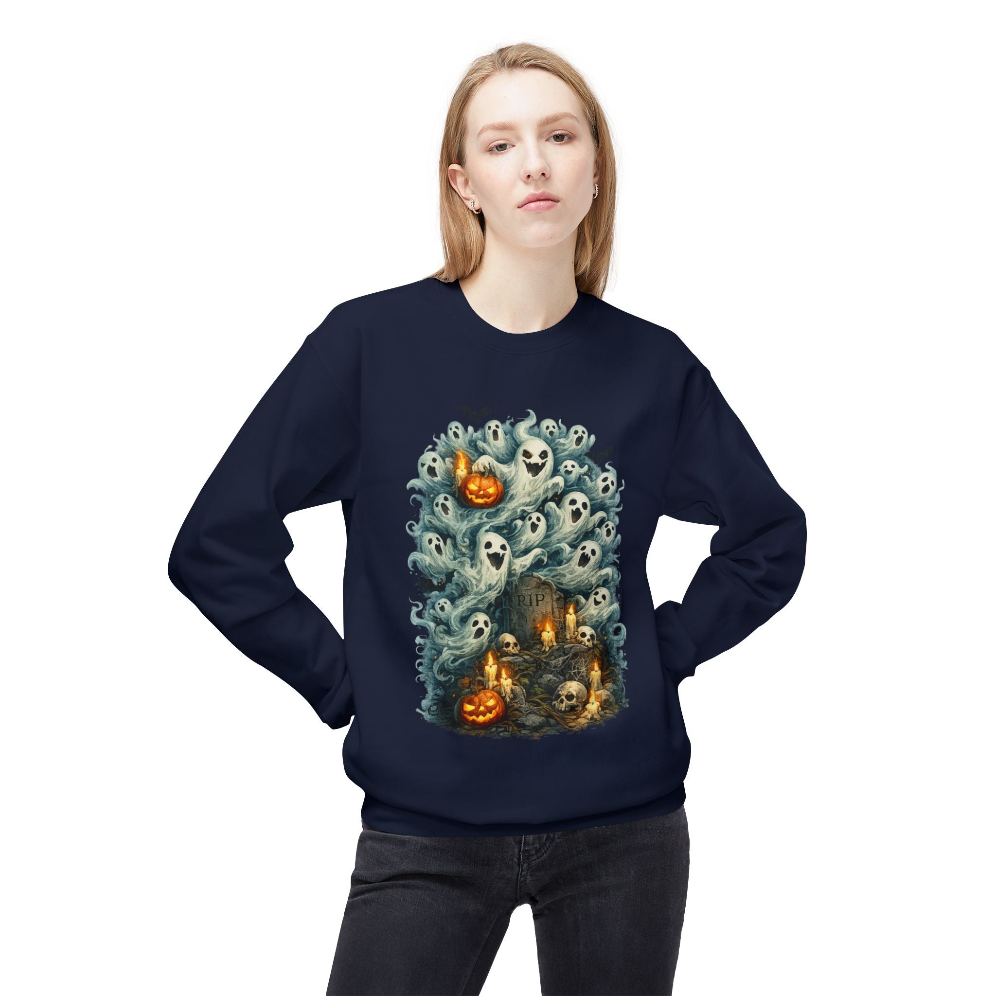 Halloween Ghost Crewneck Sweatshirt — Cute Haunted Pumpkin & Spirits Graphic