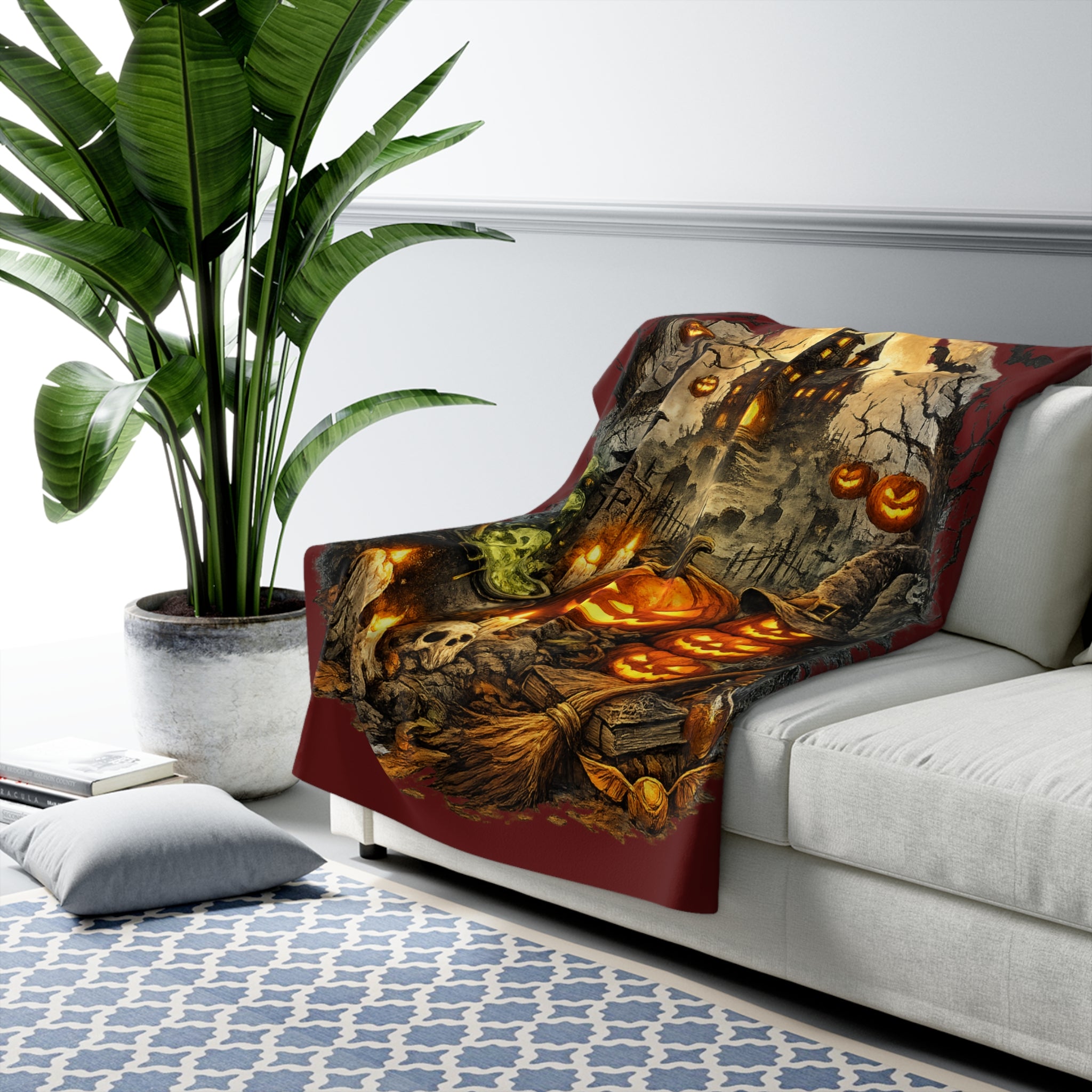 Halloween Sherpa Blanket - Haunted Pumpkin Jack-O'-Lantern Design