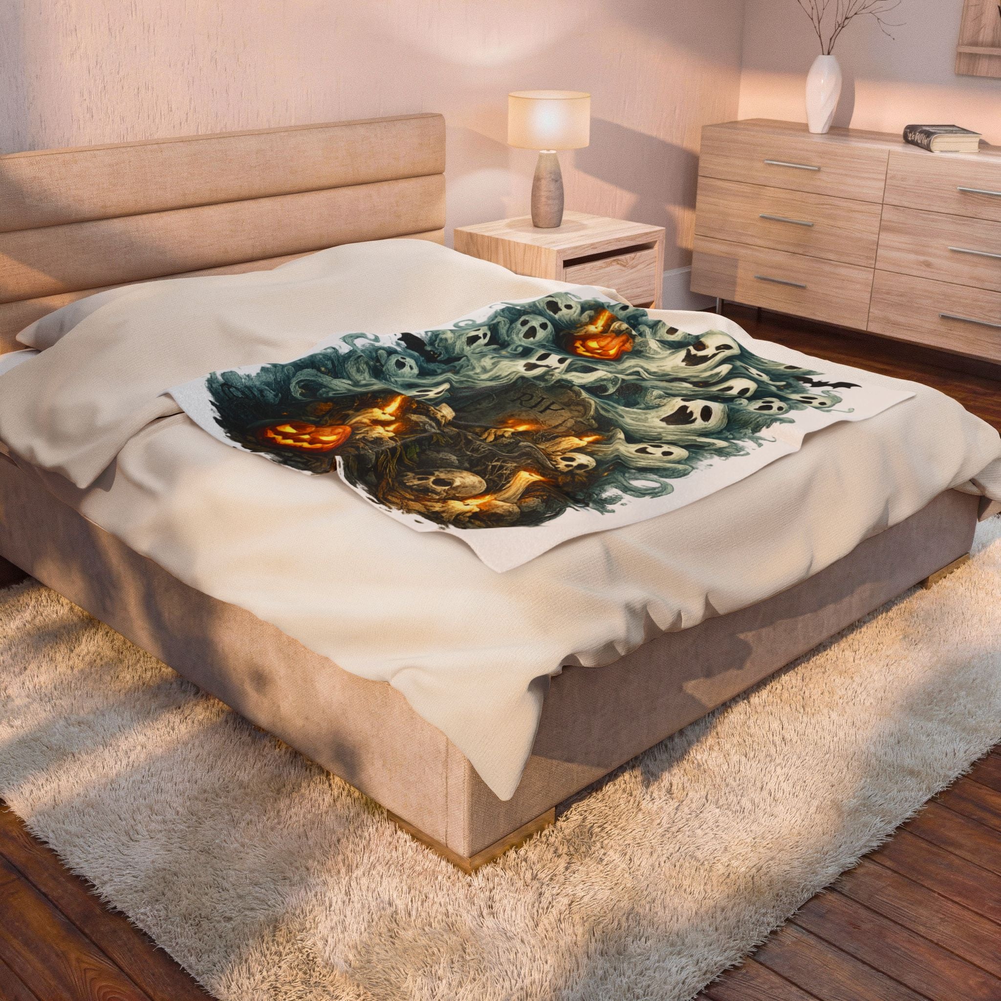 Ghostly Graveyard Velveteen Plush Blanket — Halloween Pumpkin & Skull Throw