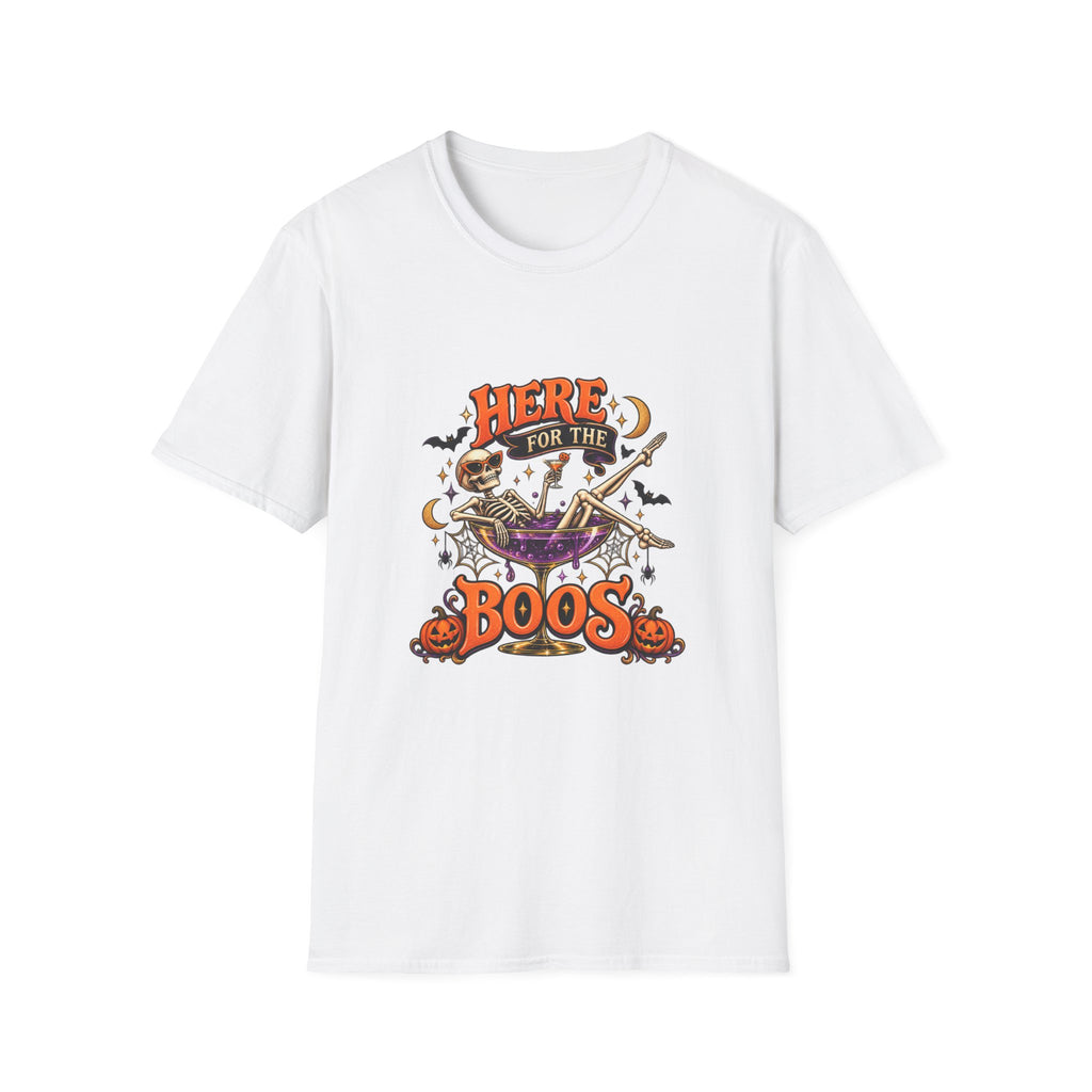 Here for the Boos Halloween T-Shirt — Skeleton Cauldron & Pumpkin Graphic Tee