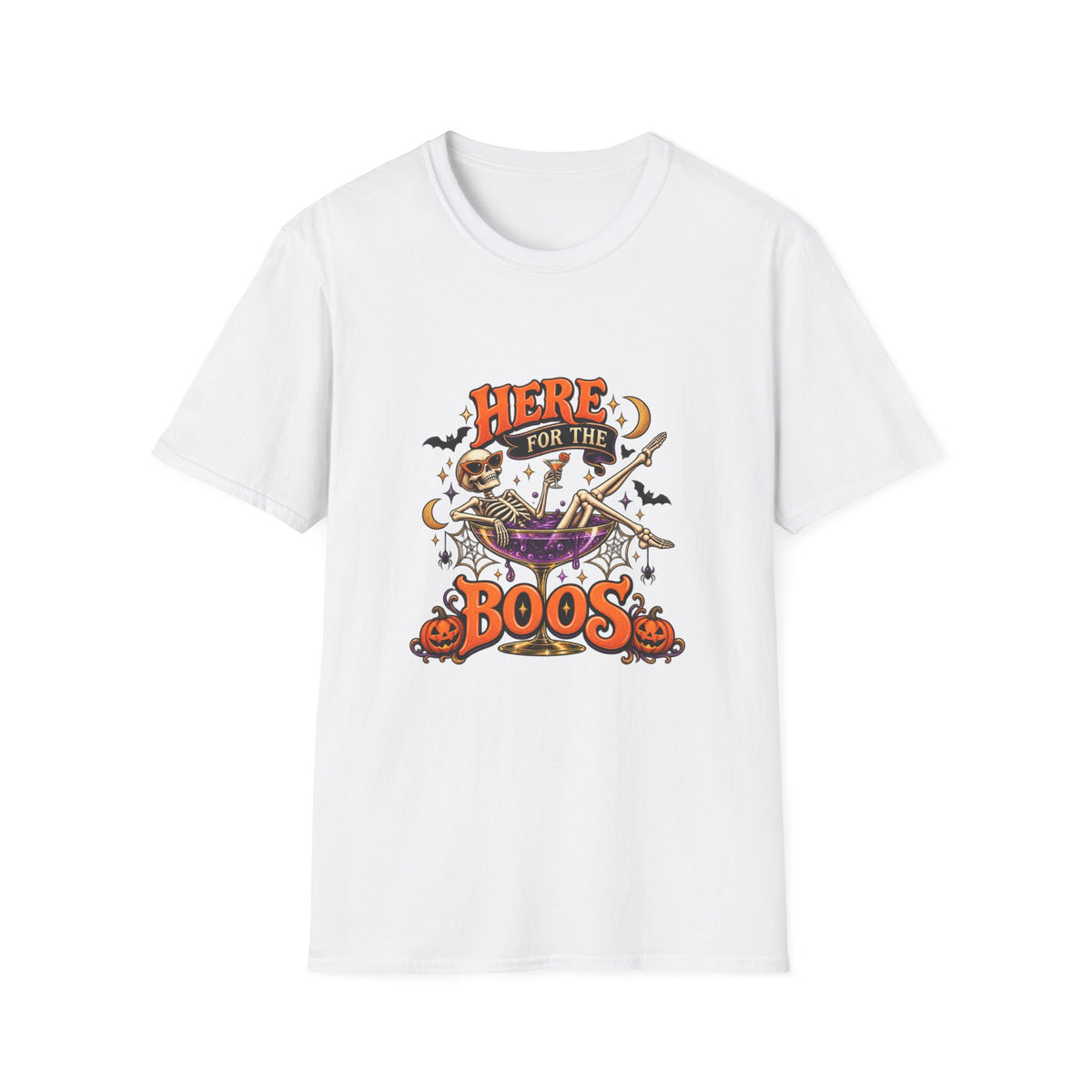 Here for the Boos Halloween T-Shirt — Skeleton Cauldron & Pumpkin Graphic Tee