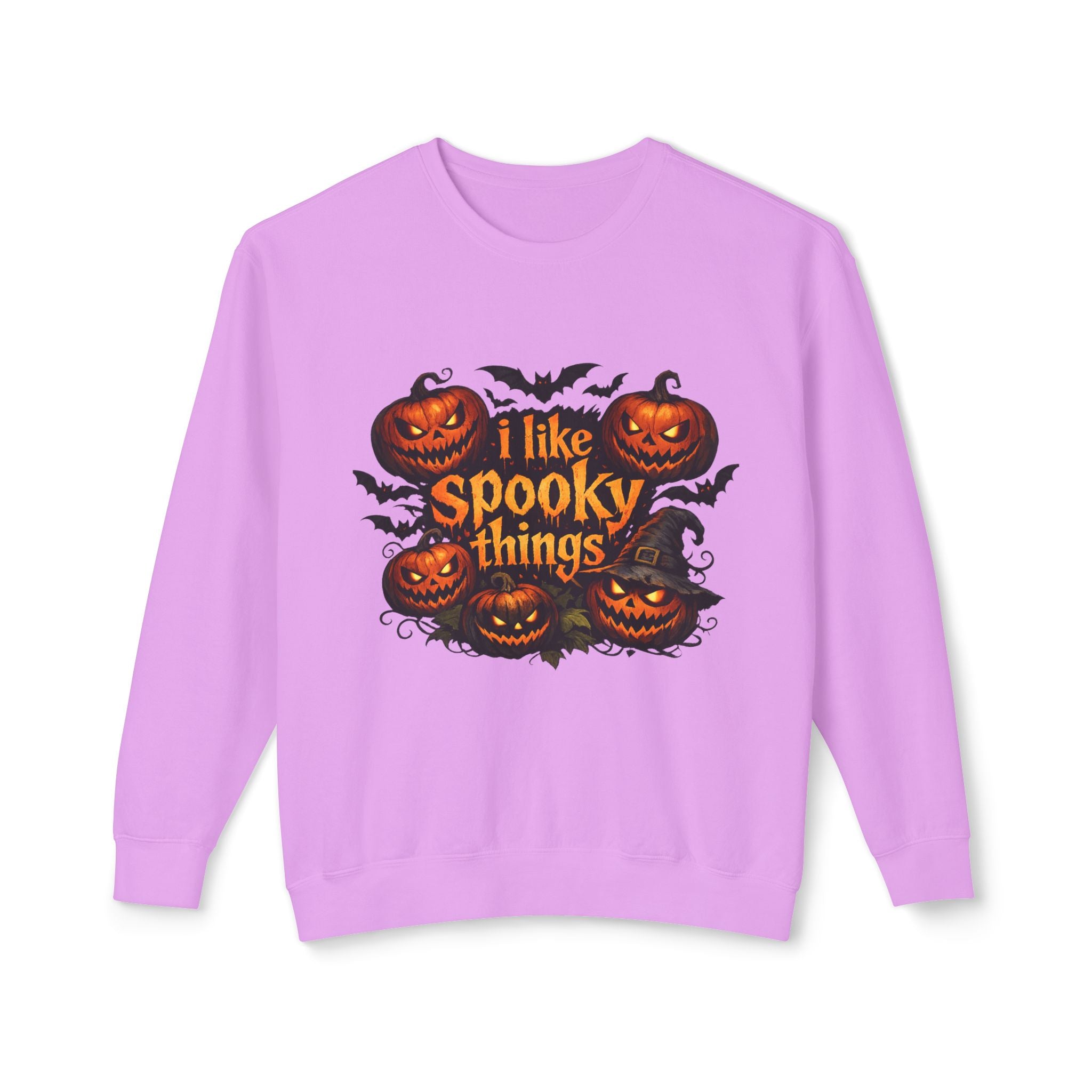 Halloween Sweatshirt — "I Like Spooky Things" Pumpkin & Bats Crewneck