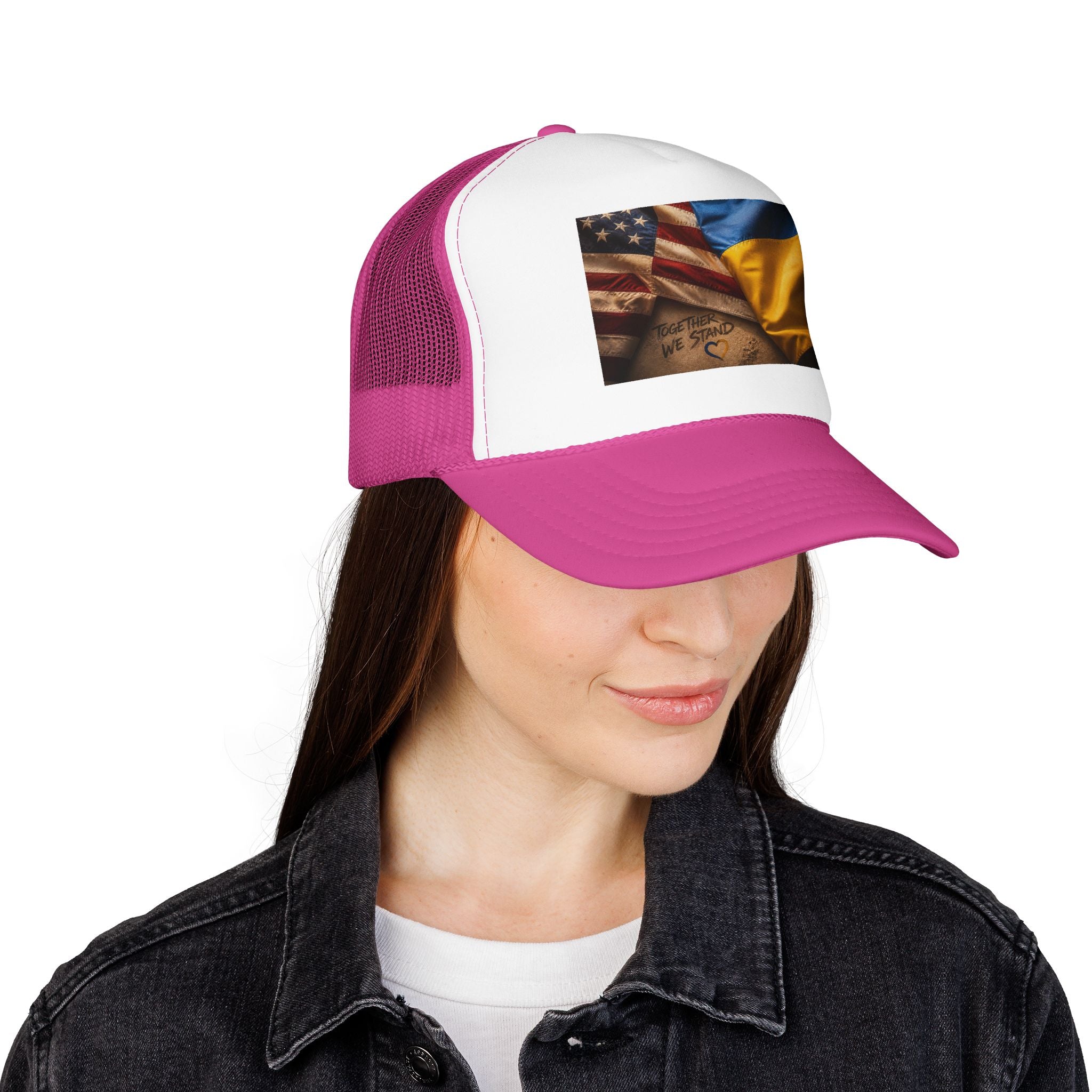 Trucker Hat — American & Ukrainian Flags "Together We Stand" Patriotic Foam Cap