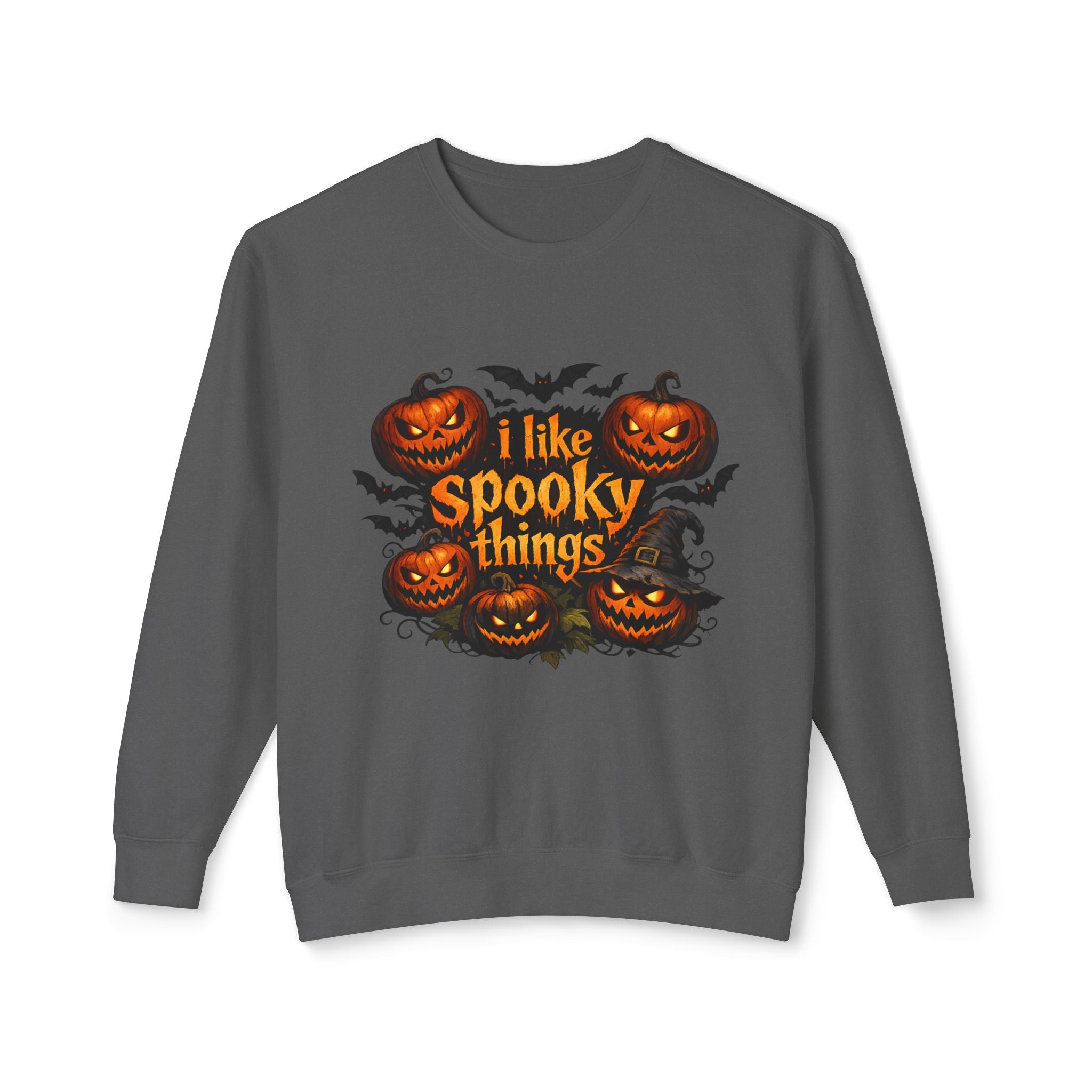 Halloween Sweatshirt — "I Like Spooky Things" Pumpkin & Bats Crewneck