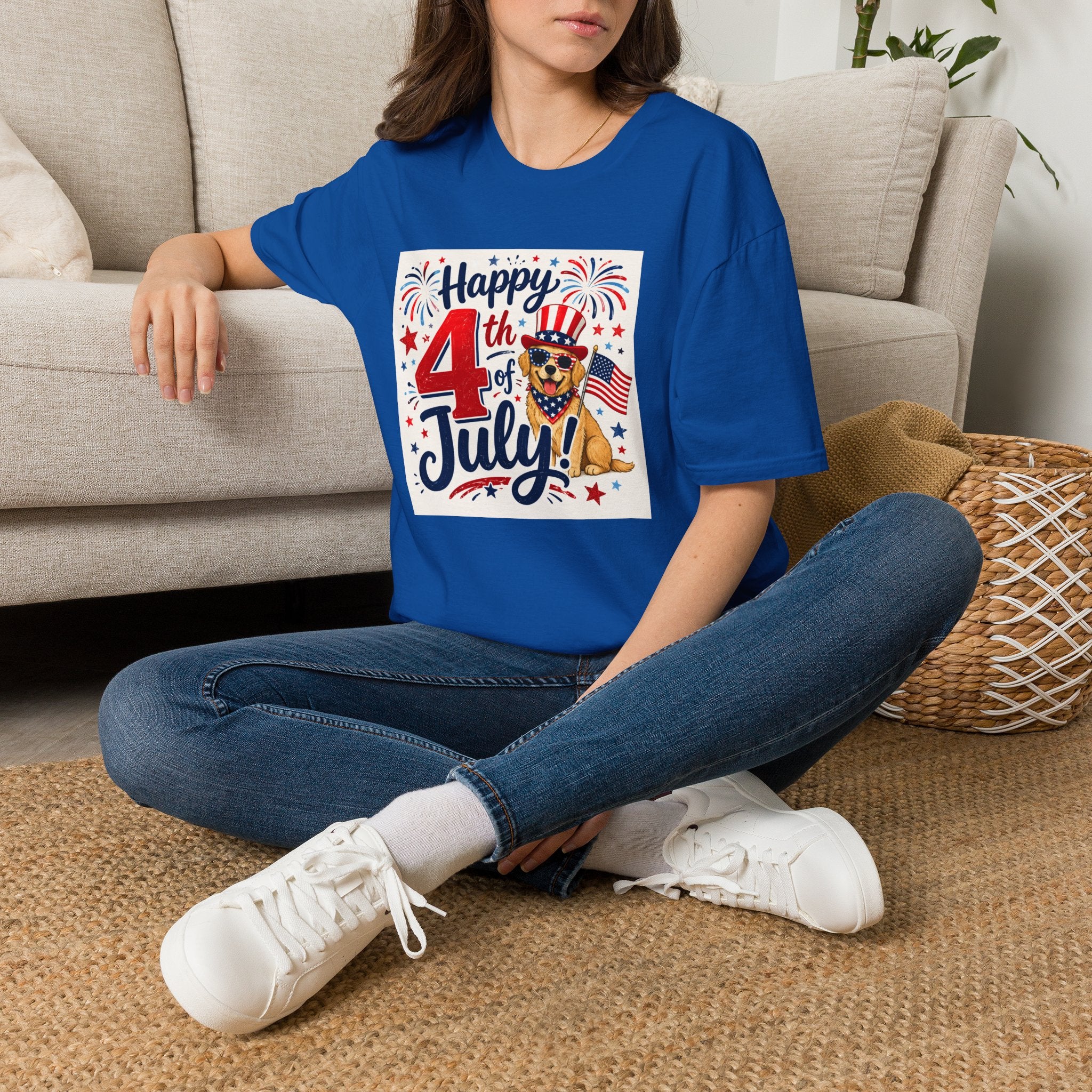 4th of July Dog T-Shirt — "Happy 4th of July" Patriotic Fireworks Tee