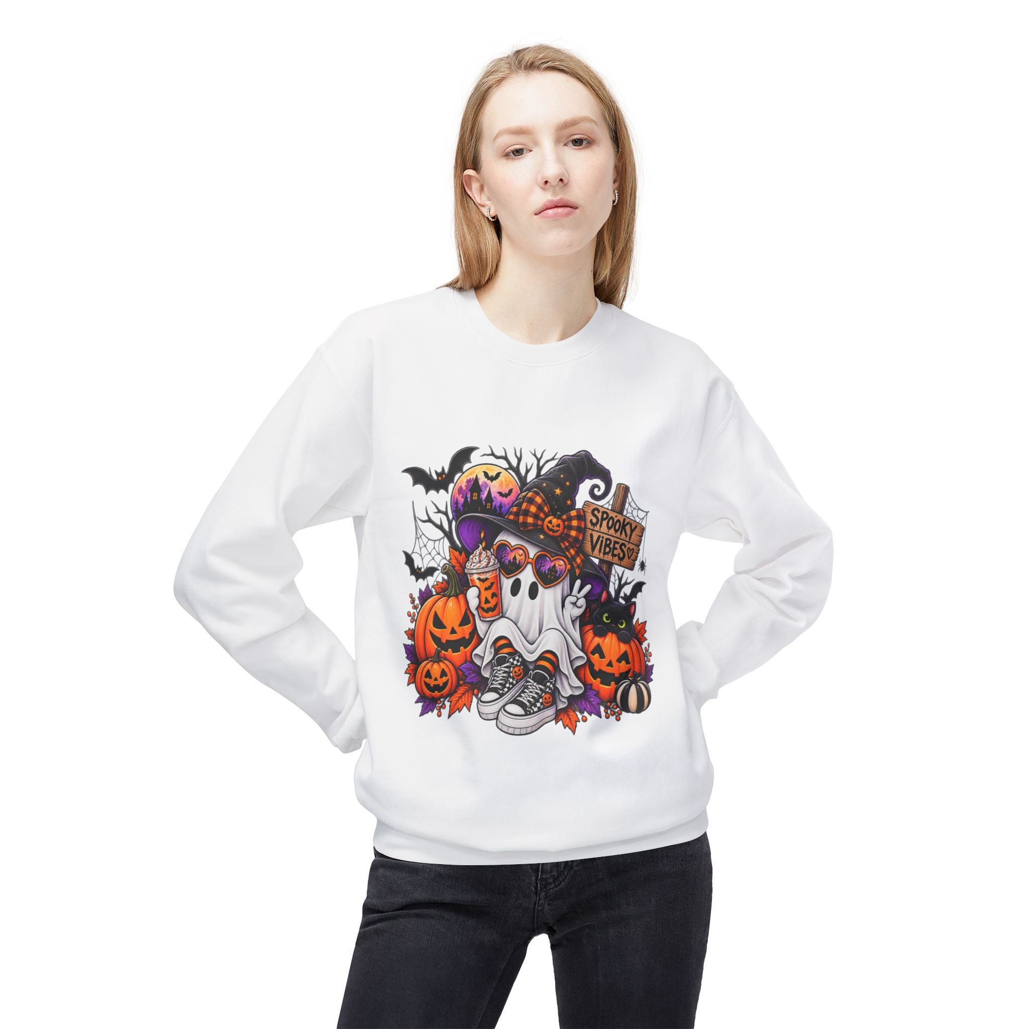 Halloween Ghost Crewneck Sweatshirt — Spooky Vibes Pumpkin Design