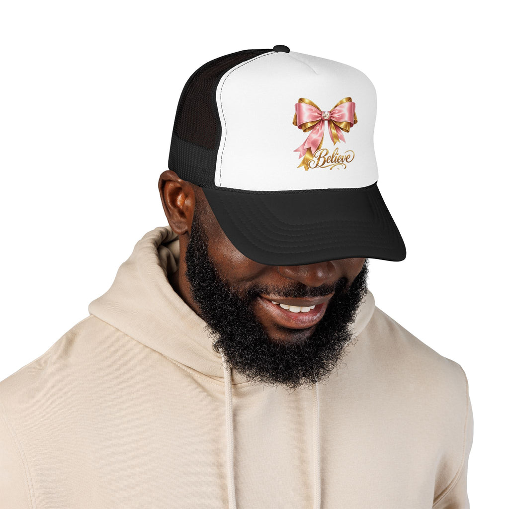 Believe Bow Trucker Hat – Pink Ribbon & Gold Script Foam Cap