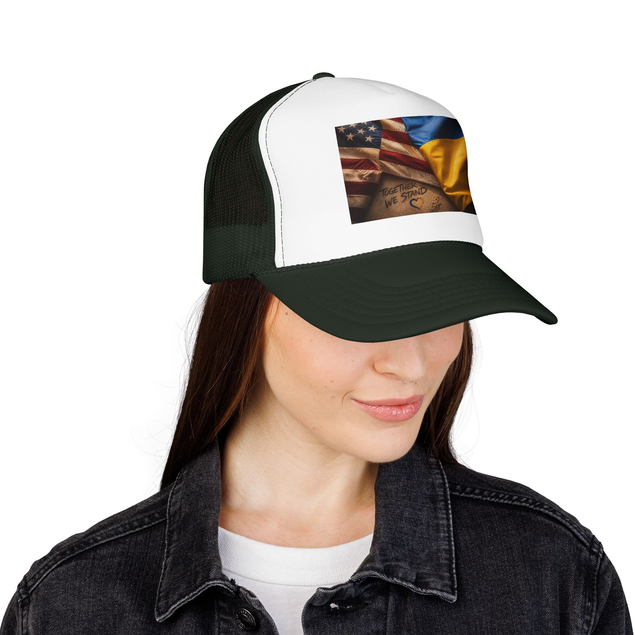 Trucker Hat — American & Ukrainian Flags "Together We Stand" Patriotic Foam Cap