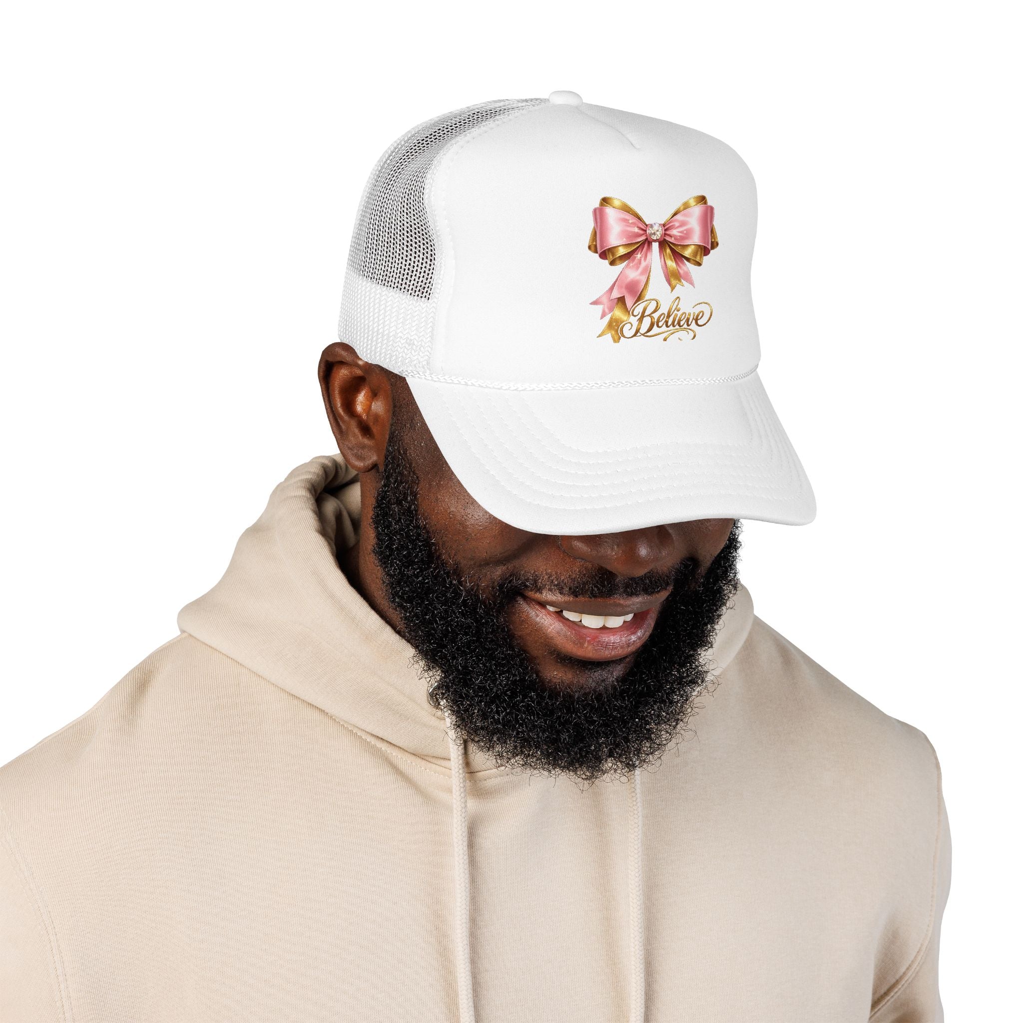 Believe Bow Trucker Hat – Pink Ribbon & Gold Script Foam Cap