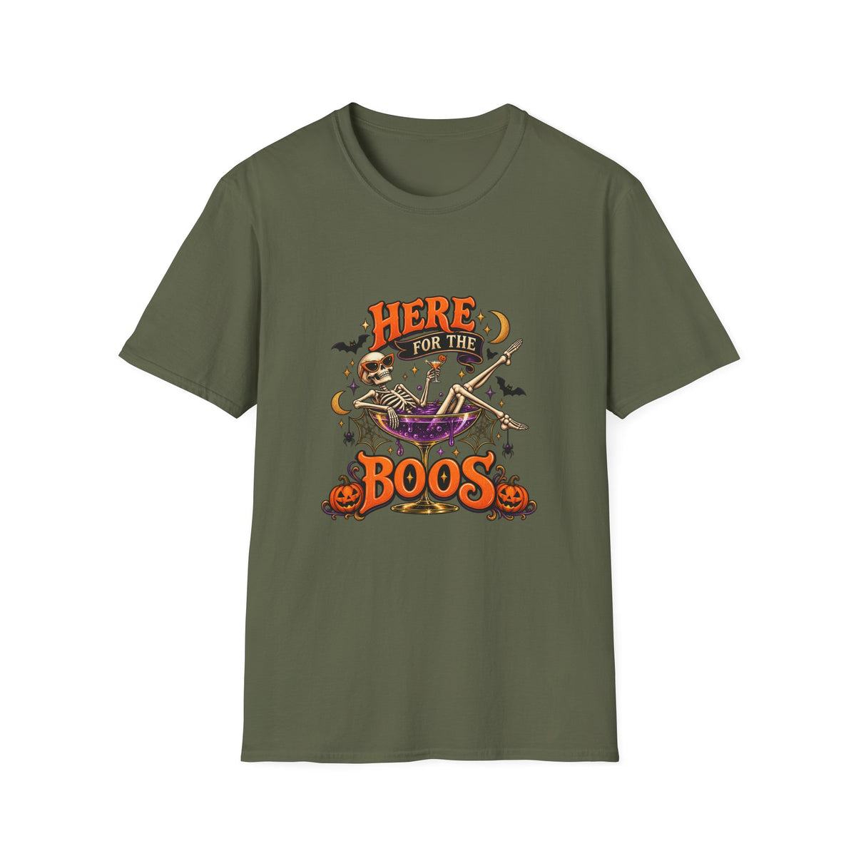 Here for the Boos Halloween T-Shirt — Skeleton Cauldron & Pumpkin Graphic Tee