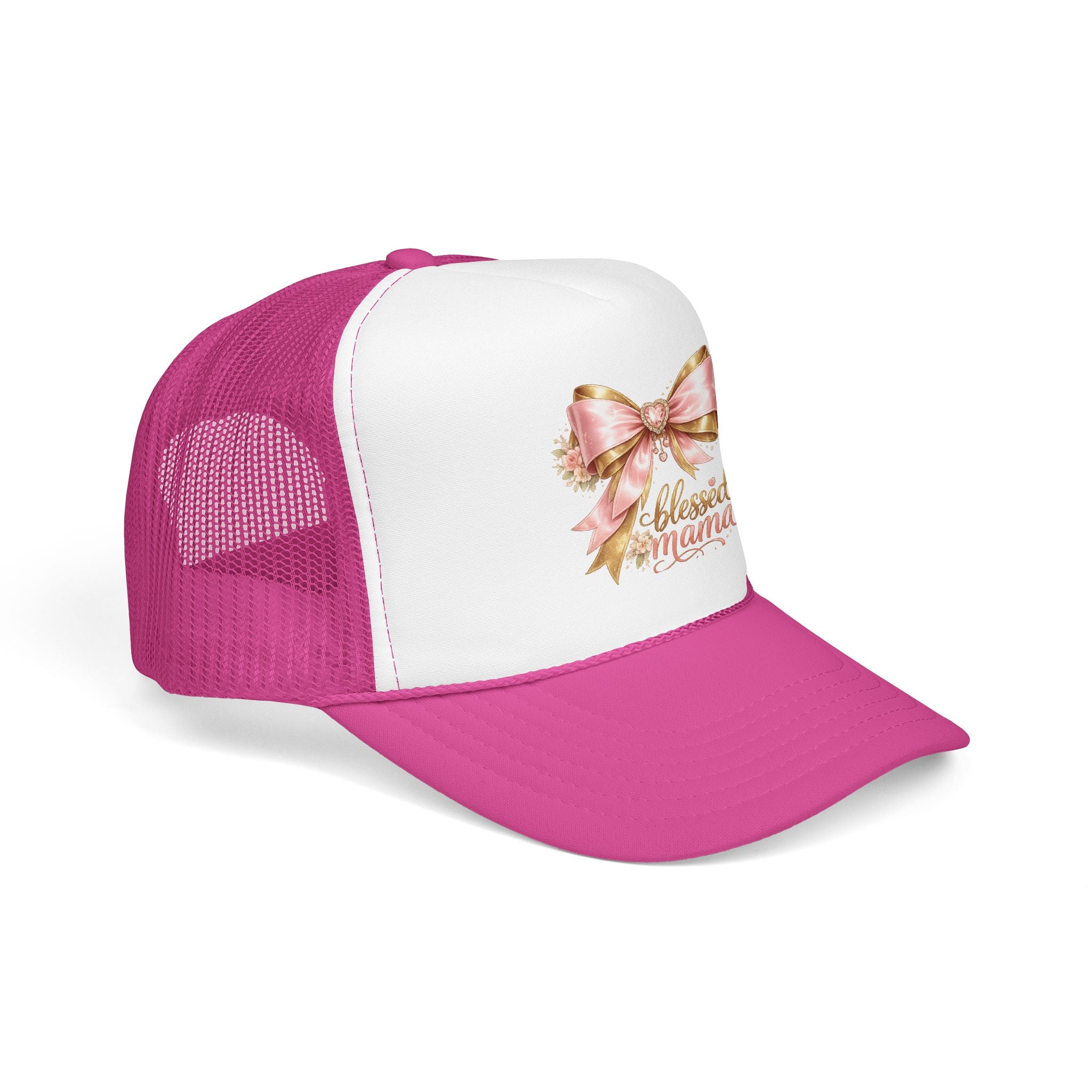 Blessed Mama Trucker Hat — Pink Ribbon Floral Mom Cap