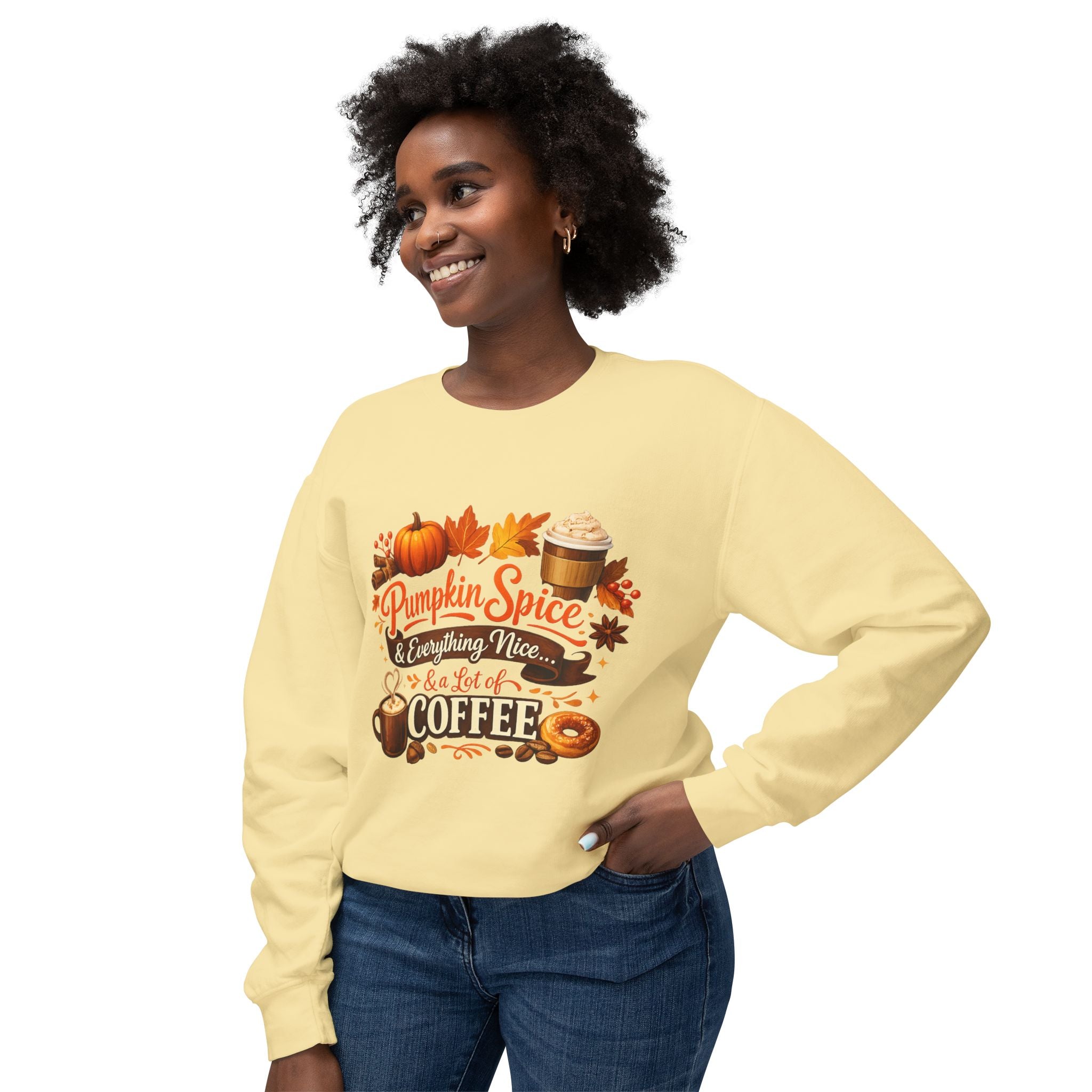 Pumpkin Spice & Coffee Crewneck Sweatshirt — Fall Cozy Coffee Lover Pullover