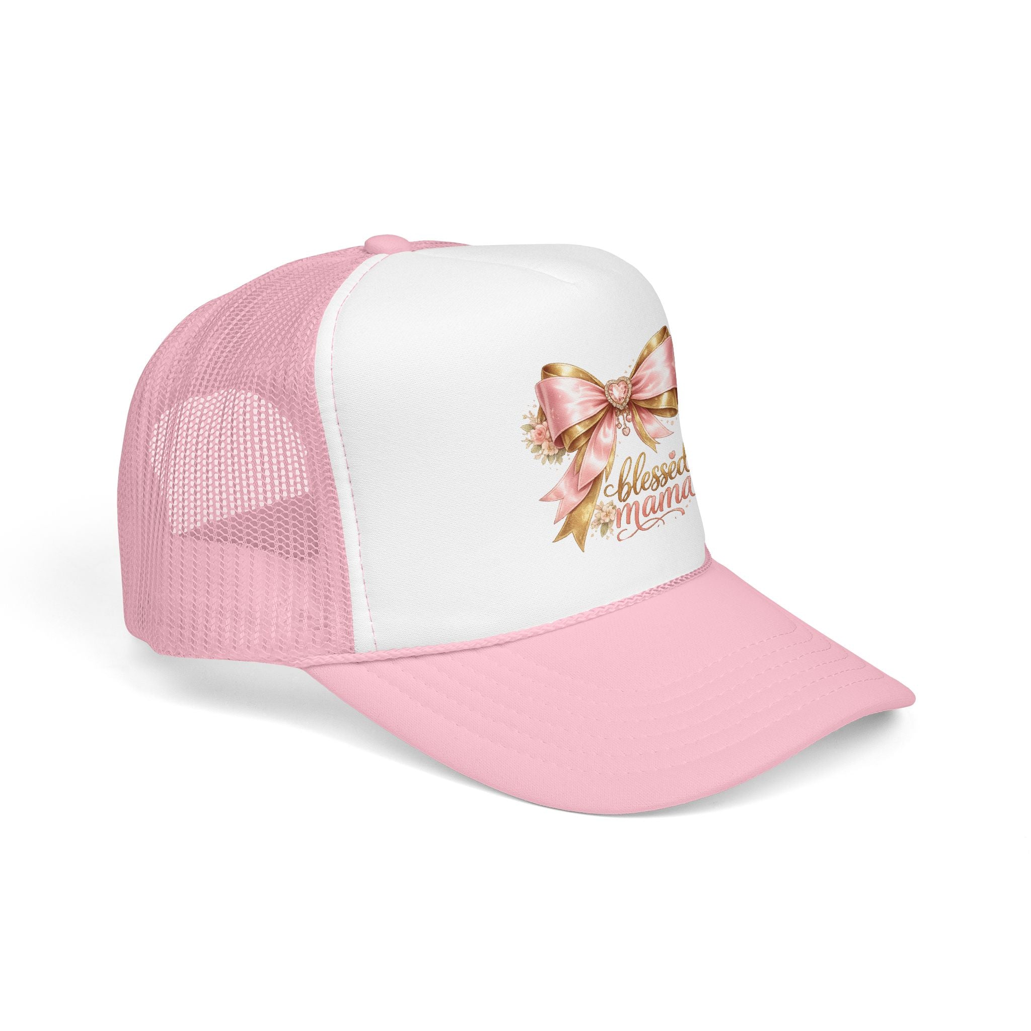 Blessed Mama Trucker Hat — Pink Ribbon Floral Mom Cap