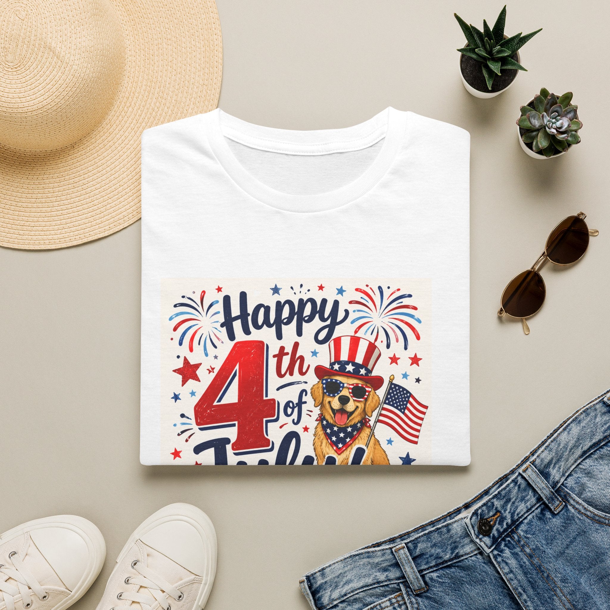 4th of July Dog T-Shirt — "Happy 4th of July" Patriotic Fireworks Tee