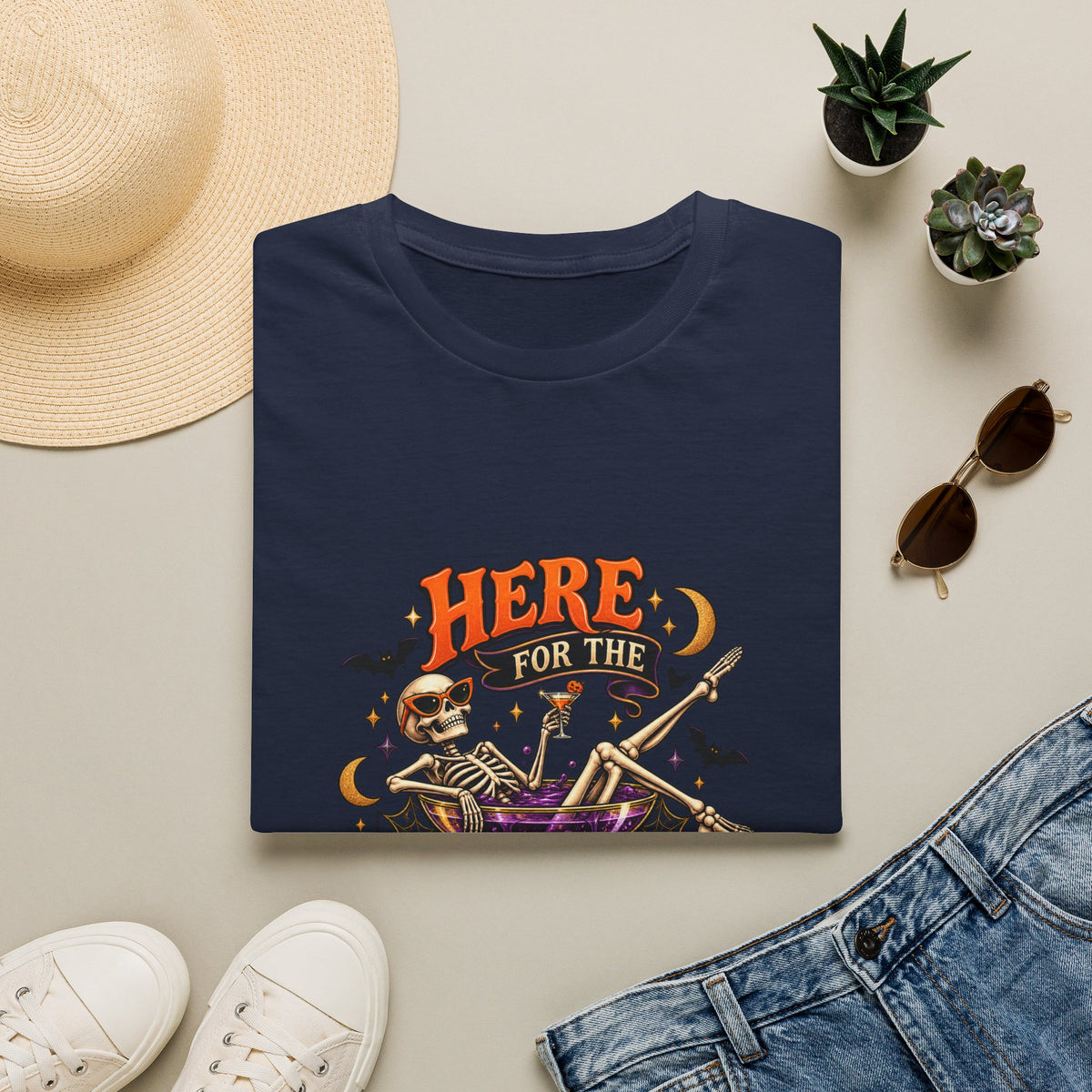 Here for the Boos Halloween T-Shirt — Skeleton Cauldron & Pumpkin Graphic Tee