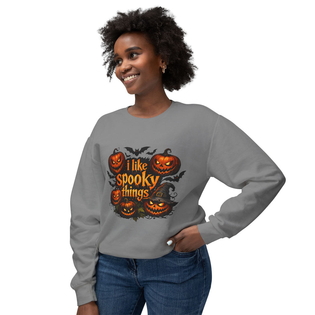 Halloween Sweatshirt — "I Like Spooky Things" Pumpkin & Bats Crewneck