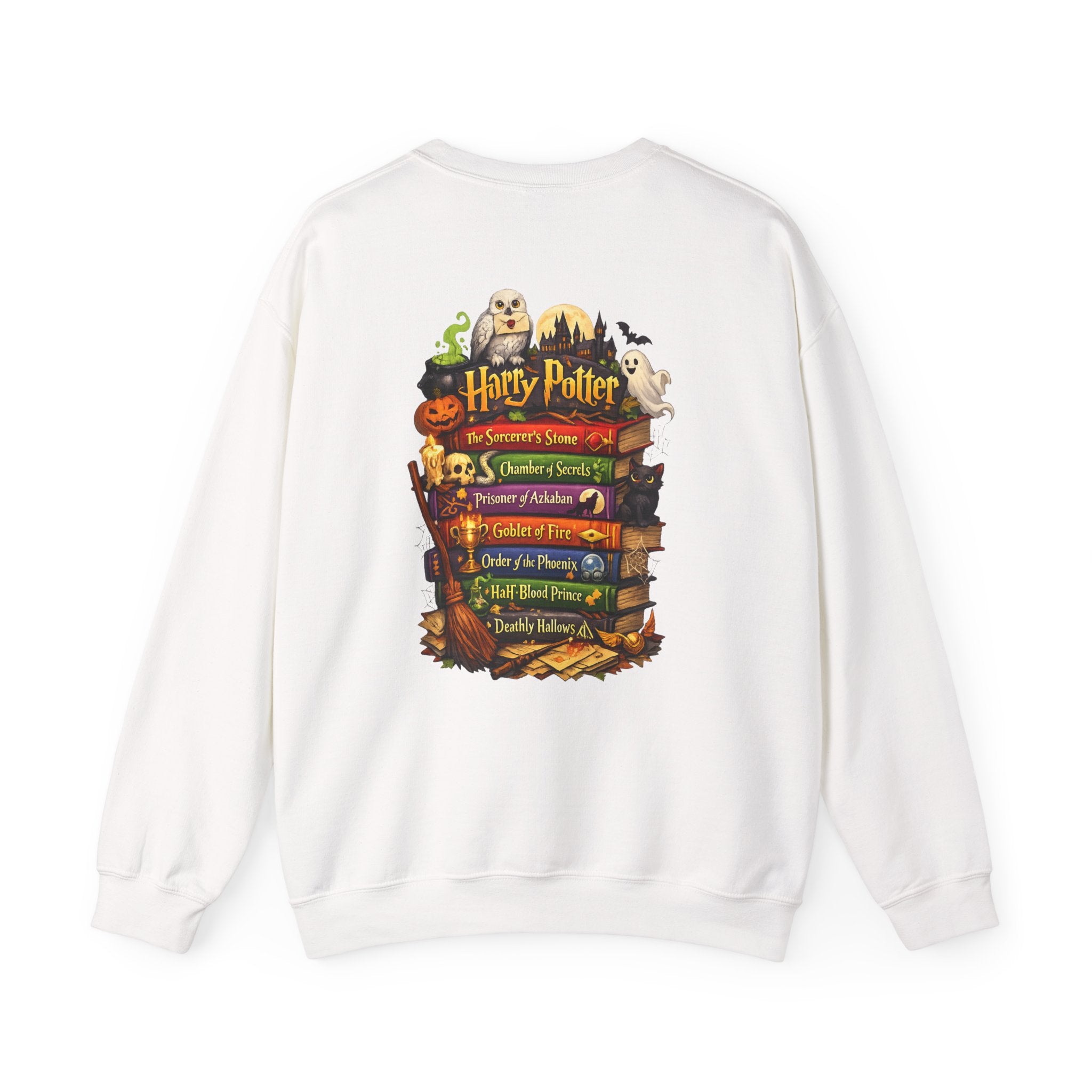 Harry Potter Stack Crewneck Sweatshirt — Book Spine Design with Owls & Autumn Icons