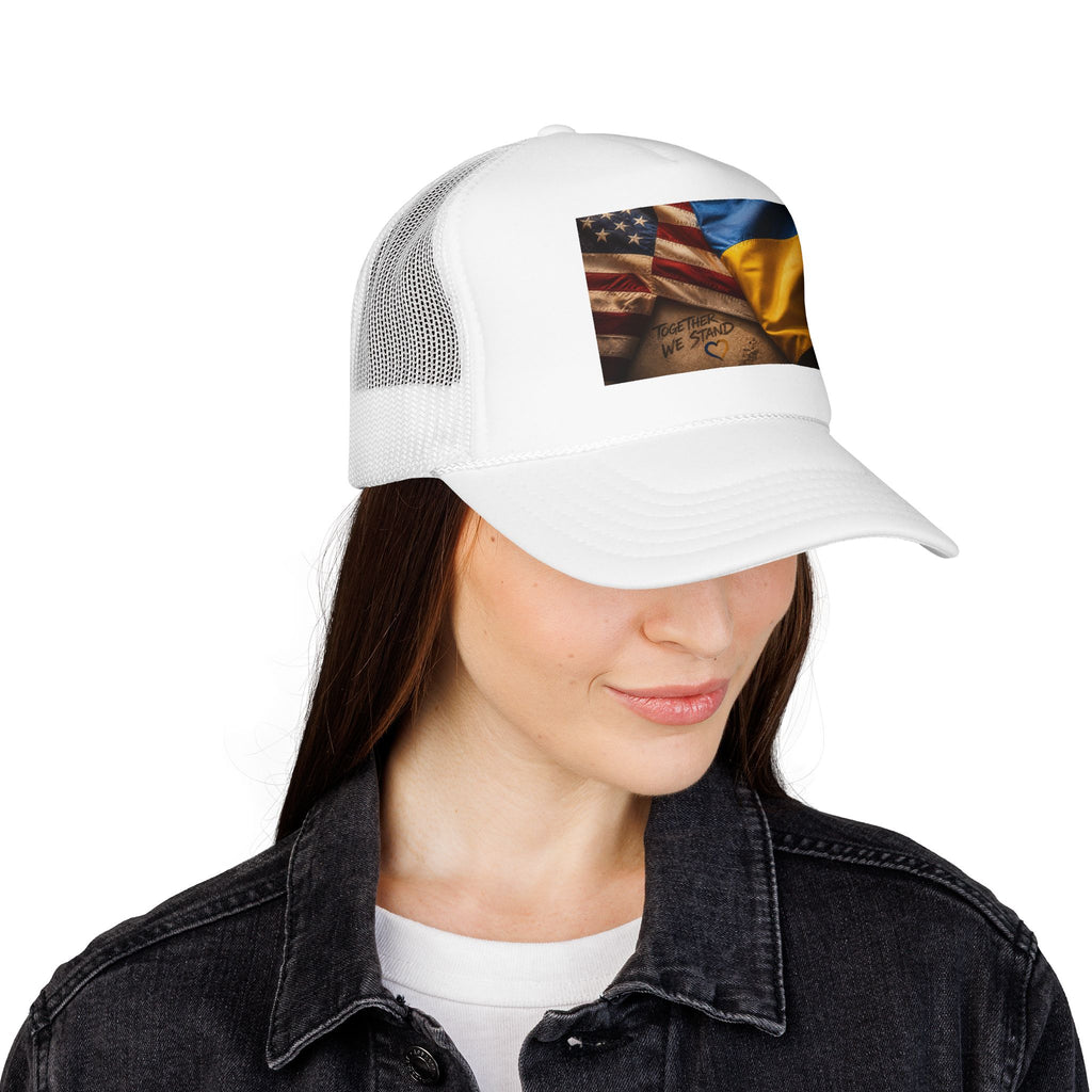 Trucker Hat — American & Ukrainian Flags "Together We Stand" Patriotic Foam Cap
