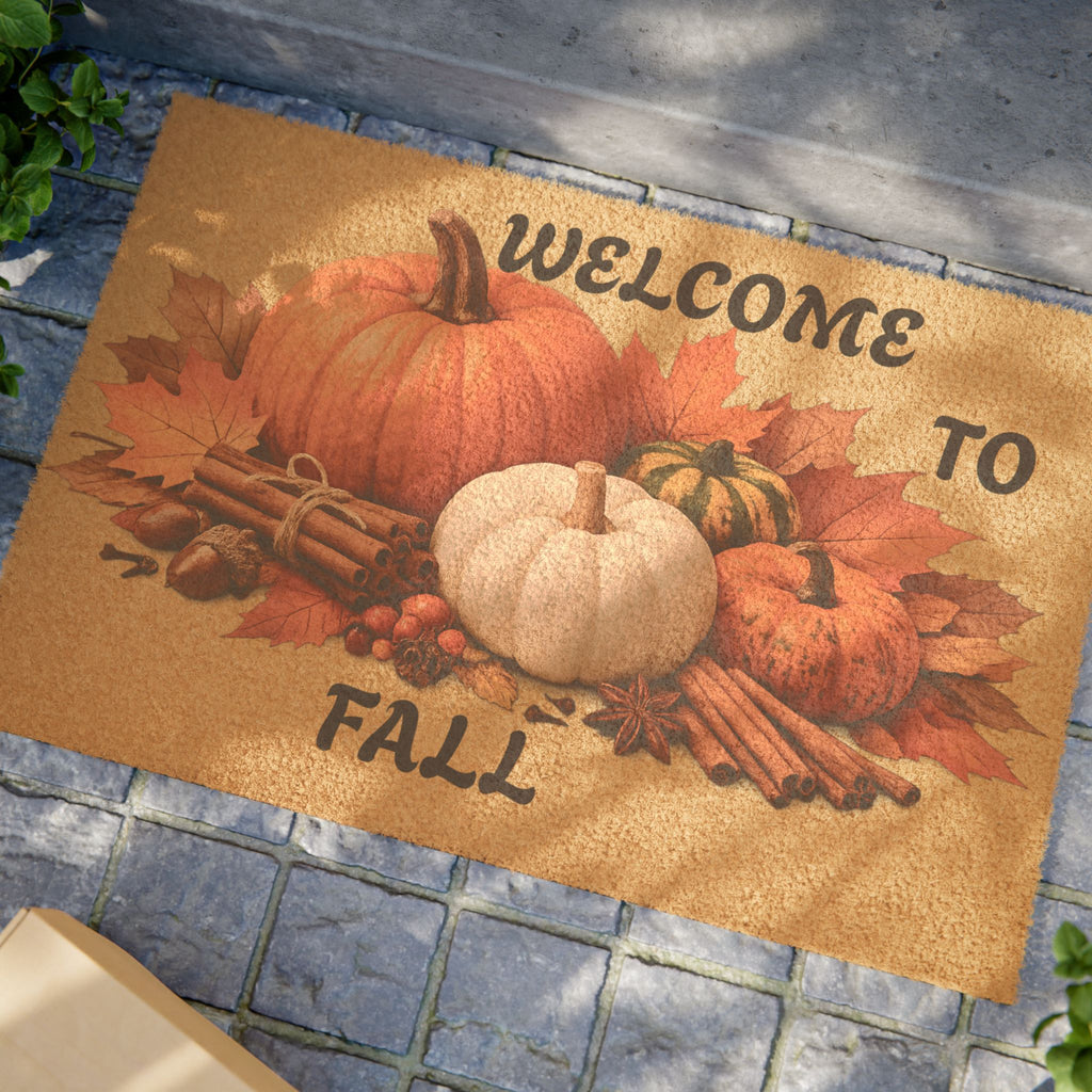 Welcome to Fall Doormat — Autumn Pumpkins & Cinnamon Porch Mat