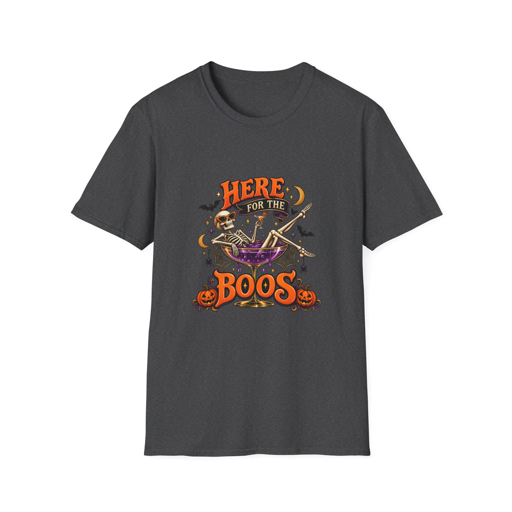 Here for the Boos Halloween T-Shirt — Skeleton Cauldron & Pumpkin Graphic Tee
